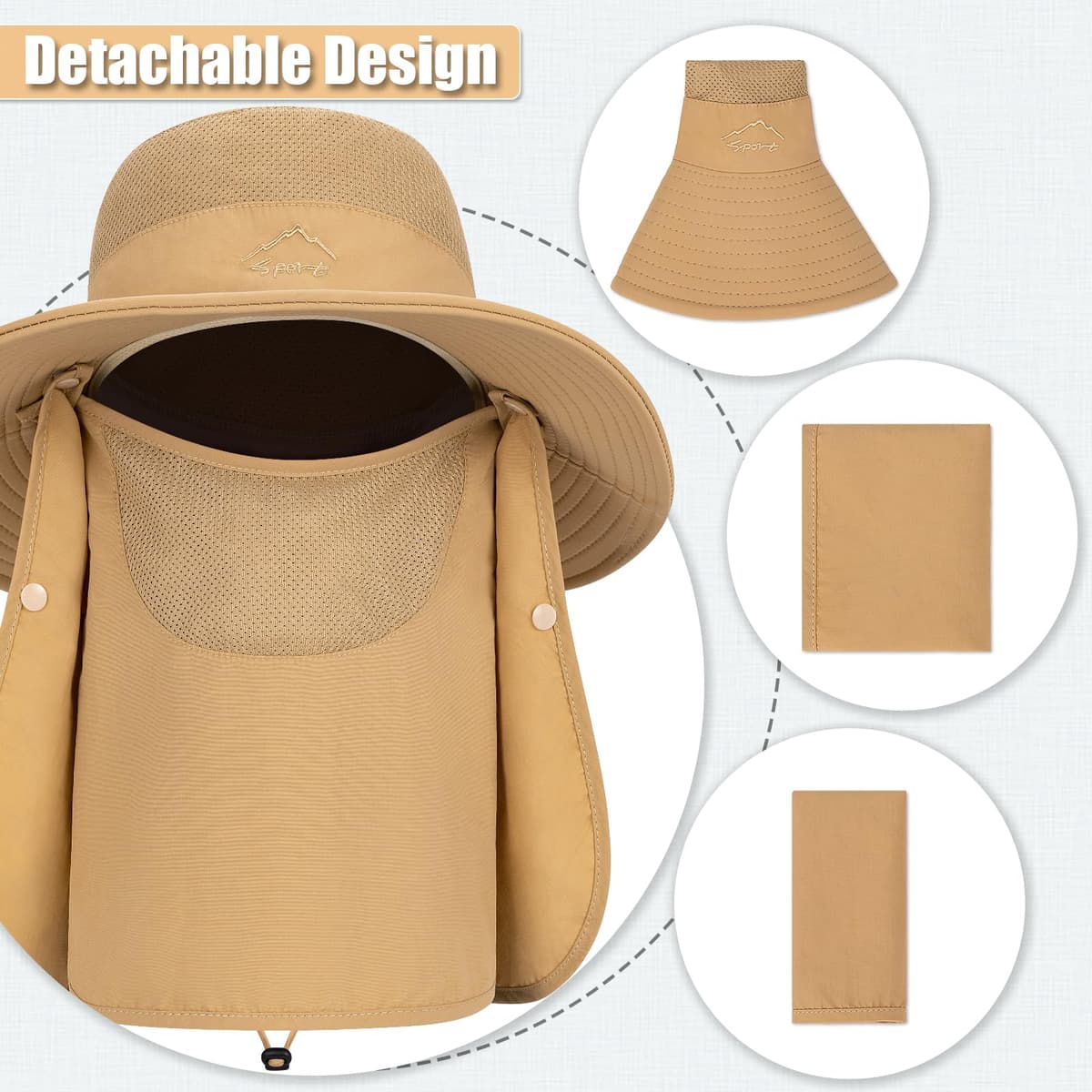 TAGVO Sombreros de Pesca para Hombre Mujer con Cubierta de Cuello Desmontable, Gorros de Pescador con Protección UPF 50+, Sombreros y Gorras de Sol Plegables para Cámping Excursionismo Caminando — view 4
