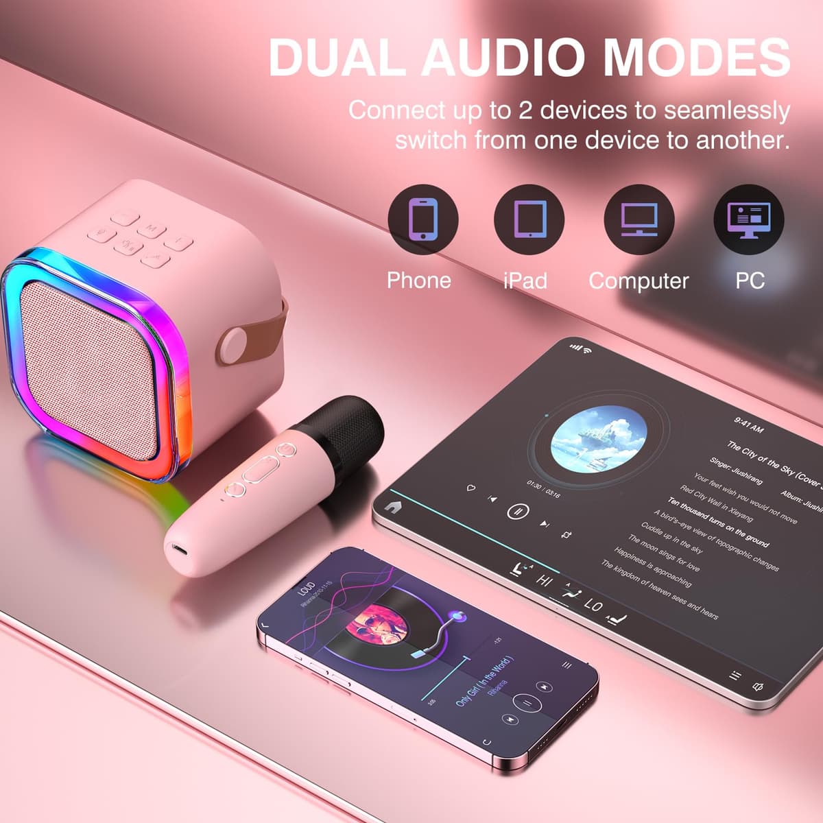 TAEMVV Mini Karaoke Machine for Kids,Portable BT Speaker with 2 Wireless Microphones and LED Light Holiday Birthday Gift Toy for Boys and Girls Teens Over 4,5,6,7,8,9,10,11,12+ Years Old（Pink） — view 3