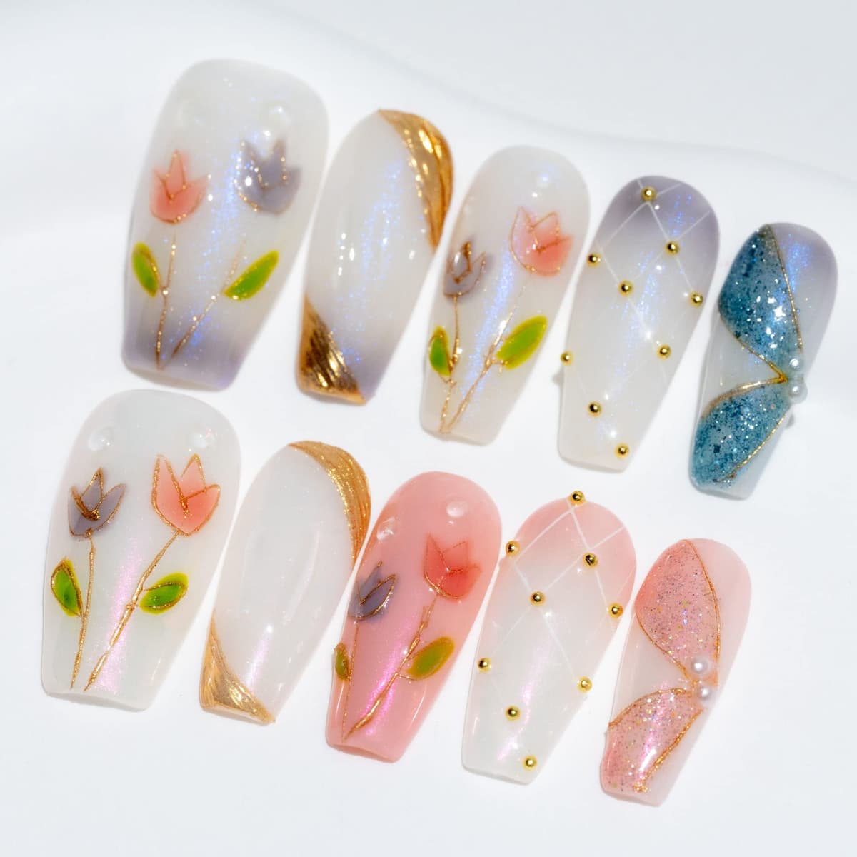 Sun&Beam Nails Handmade Press On Nail Long Coffin Ballerina Pink Flower Acrylic Fake Tip 3D Design Art Charms Cute with Storage Box 10 Pcs (S) — view 45