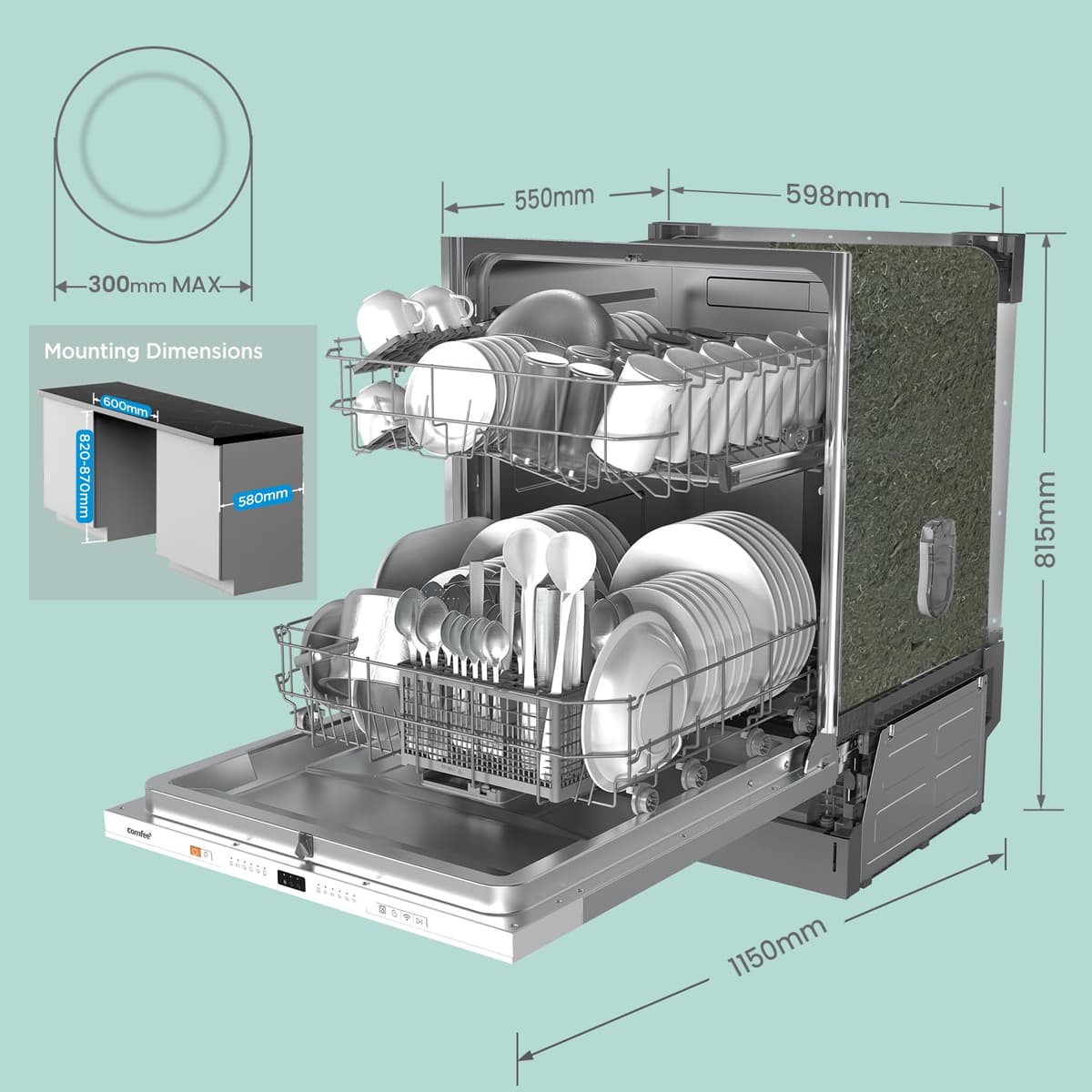 COMFEE' KWH-BD1215P-W Fully Integrated Dishwasher with 12 Place Settings, Cloud Wash, Extra Drying, Built-in Dishwasher with Delay Start, Quick Wash - White — view 2