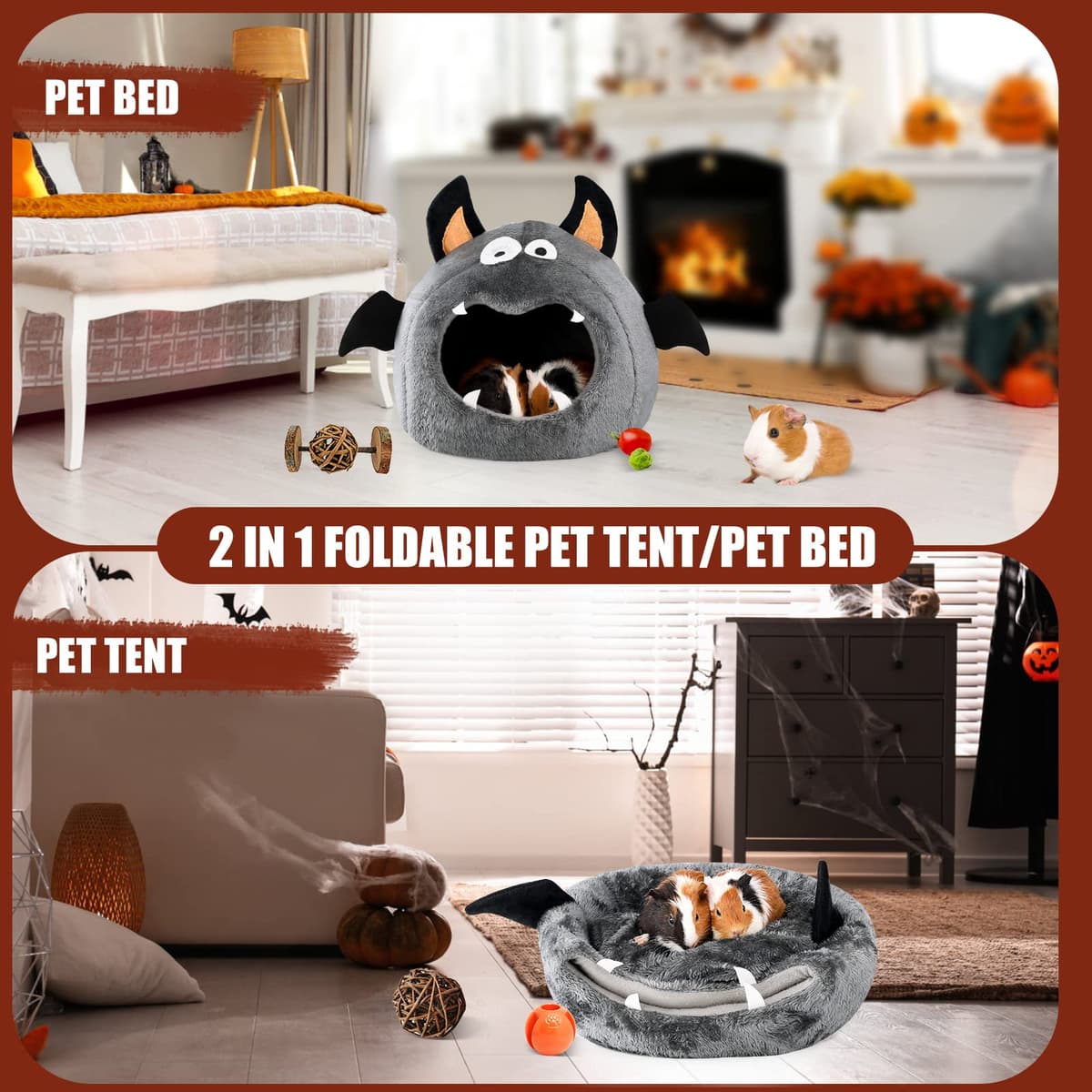 Guinea Pig Hideout - Guinea Pig Bed, Halloween Style Small Pet Hides, Ideal Bed for Small Pets, Bat Shape, Dark Gray — view 2