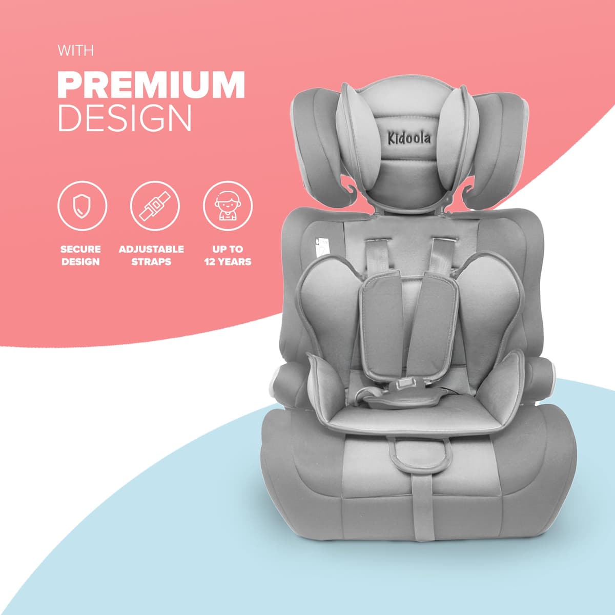 Kidoola Adjustable Car Seat for Toddlers & Children - Safety Certified Booster Seat, Padded & Comfortable with 3 Adjustable Age Functions & Straps, Up to 12 Years - ECE R44/04 (Grey & Black) (Grey) — view 3