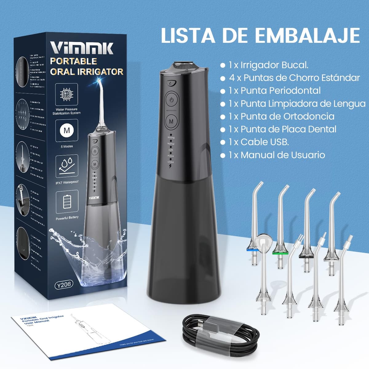 Irrigador Bucal Portatil, Vimmk Irrigador Dental Inalámbrico Profesional 8 Boquillas 5 Modos, IPX7 Impermeable 300ML USB-C Recargable Para Limpieza Dientes, Para el Hogar y los Viajes (Negro) — view 8