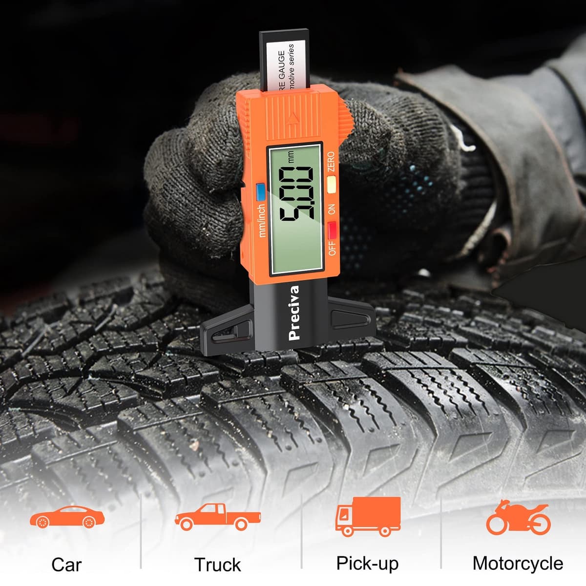 Tyre Tread Depth Gauge, Preciva 0-25.4mm/Inch Digital Tire Checker UK, Tyres Surface Measuring Tool with Large LCD Screen for Cars, Trucks, Motos, Orange — view 3