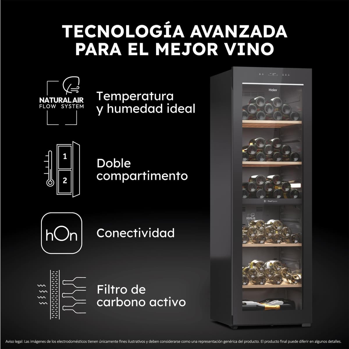 Haier Wine Bank 60 Series 7 HWS236GDEH1- Vinoteca 236 botellas, WIFI, 2 Zonas independientes, Estantes de madera, Filtro Anti-UV, Filtro de carbón, Display Digital, Iluminación LED 3D, 35 dbA, Negra — view 3
