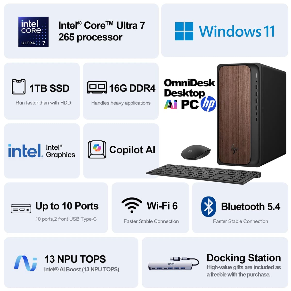 HP OmniDesk Desktop Computer – Intel Core Ultra 7 265,32GB DDR5 1TB SSD,Sleek Dark Wood Design, AI-Ready Performance, Windows 11 Pro with Dockstation — view 3
