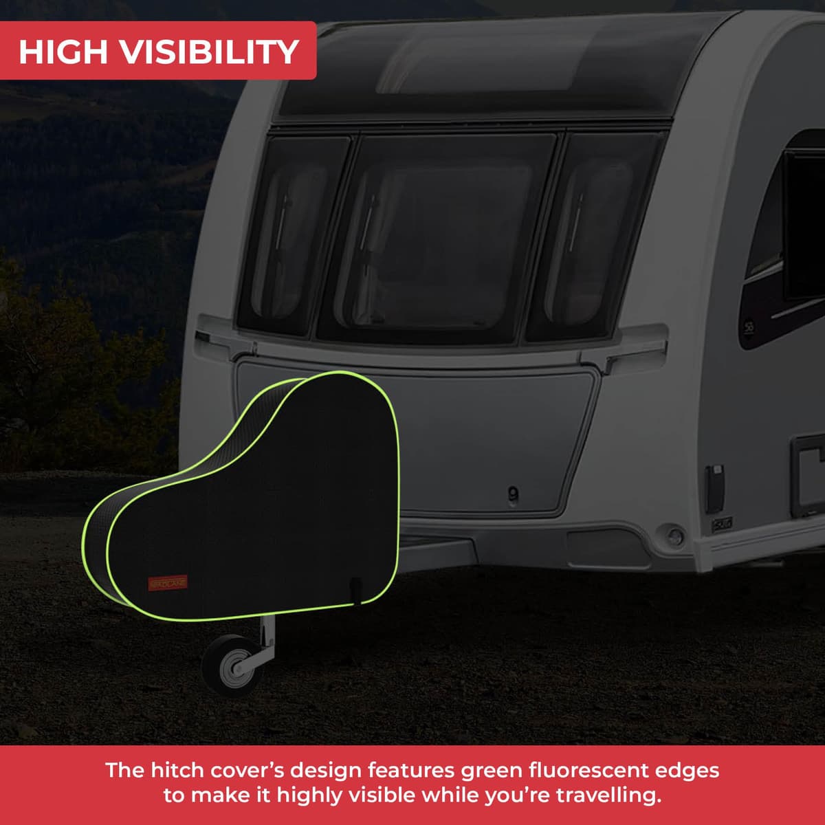 GADLANE Caravan Hitch Cover With Strap - Waterproof Tow Bar Cover, 62cm x 90cm, Heavy Duty Nylon With Green Fluorescent Strip, For Most Caravans/Motorhomes/Trailers (Black) — view 3