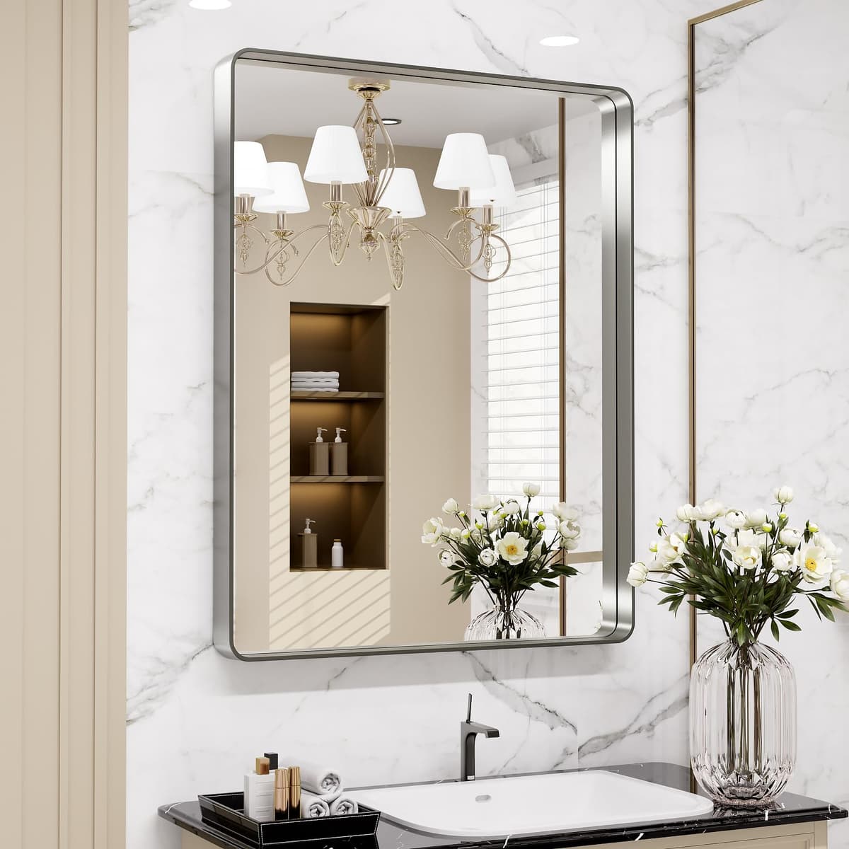 LOAAO 48”X36” Gold Bathroom Mirror, Rounded Rectangle Gold Frame Mirror, Brushed Gold Bathroom Vanity Mirror Wall-Mounted, Anti-Rust, Tempered Glass, Hangs Horizontally or Vertically — view 52