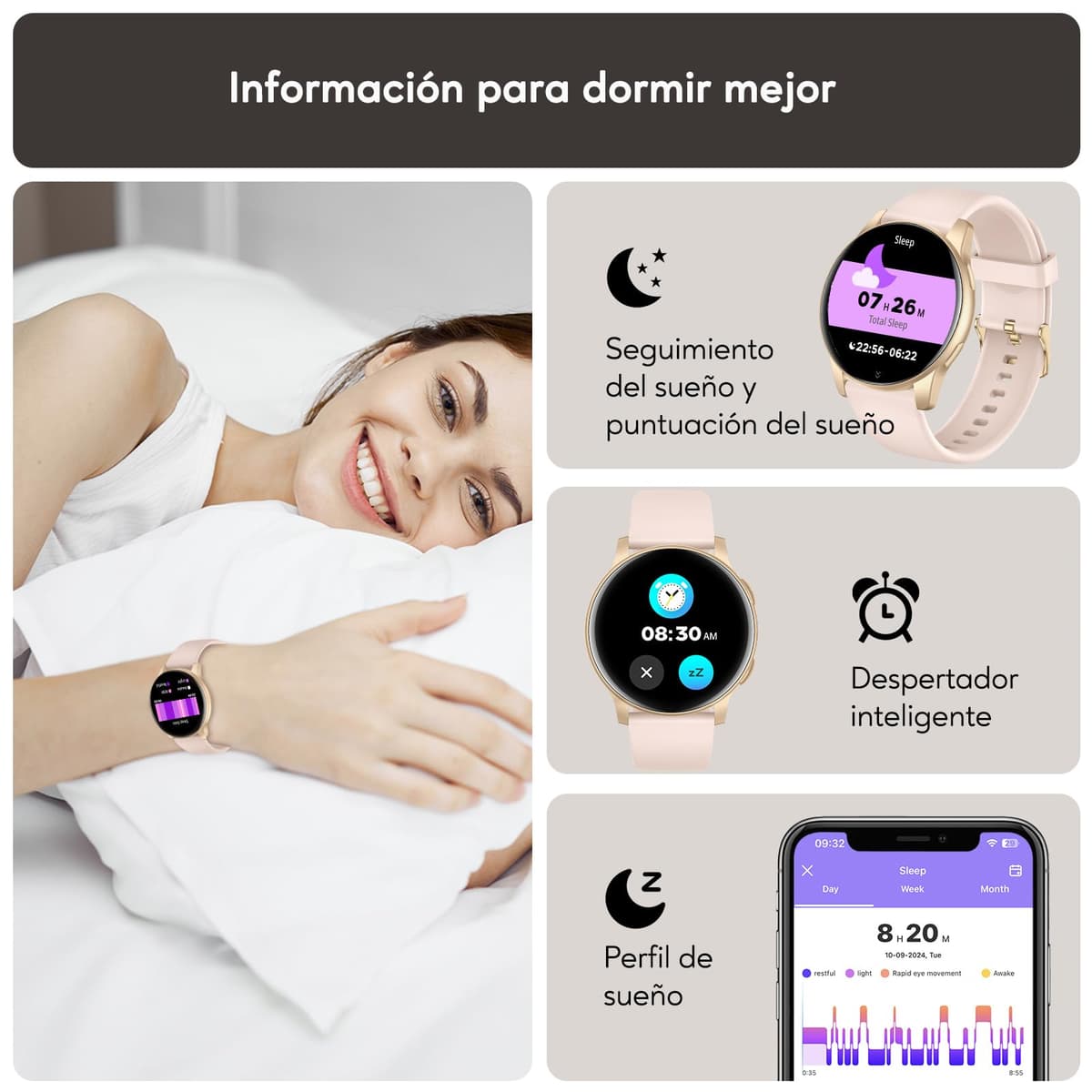 AcclaFit Reloj Inteligente Hombre Mujer con Llamadas Bluetooth, Smartwatch Esfera Redonda 1,38" con 147+ Modos Deportivos, Pulsómetro, Monitor de Sueño, IP68 Impermeable, Compatible con Android iOS — view 4