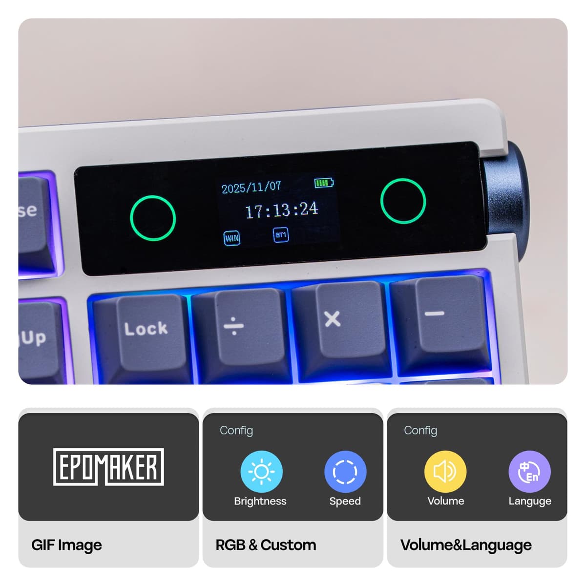 EPOMAKER TH108 Pro Teclado Mecánico Inalámbrico para Juegos de Tamaño Completo con Pantalla y Perilla, 10000mAh, Gasket Cremosa, Hot Swap, Controlador Personalizado, RGB (Blanco, Sea Salt Silent) — view 3