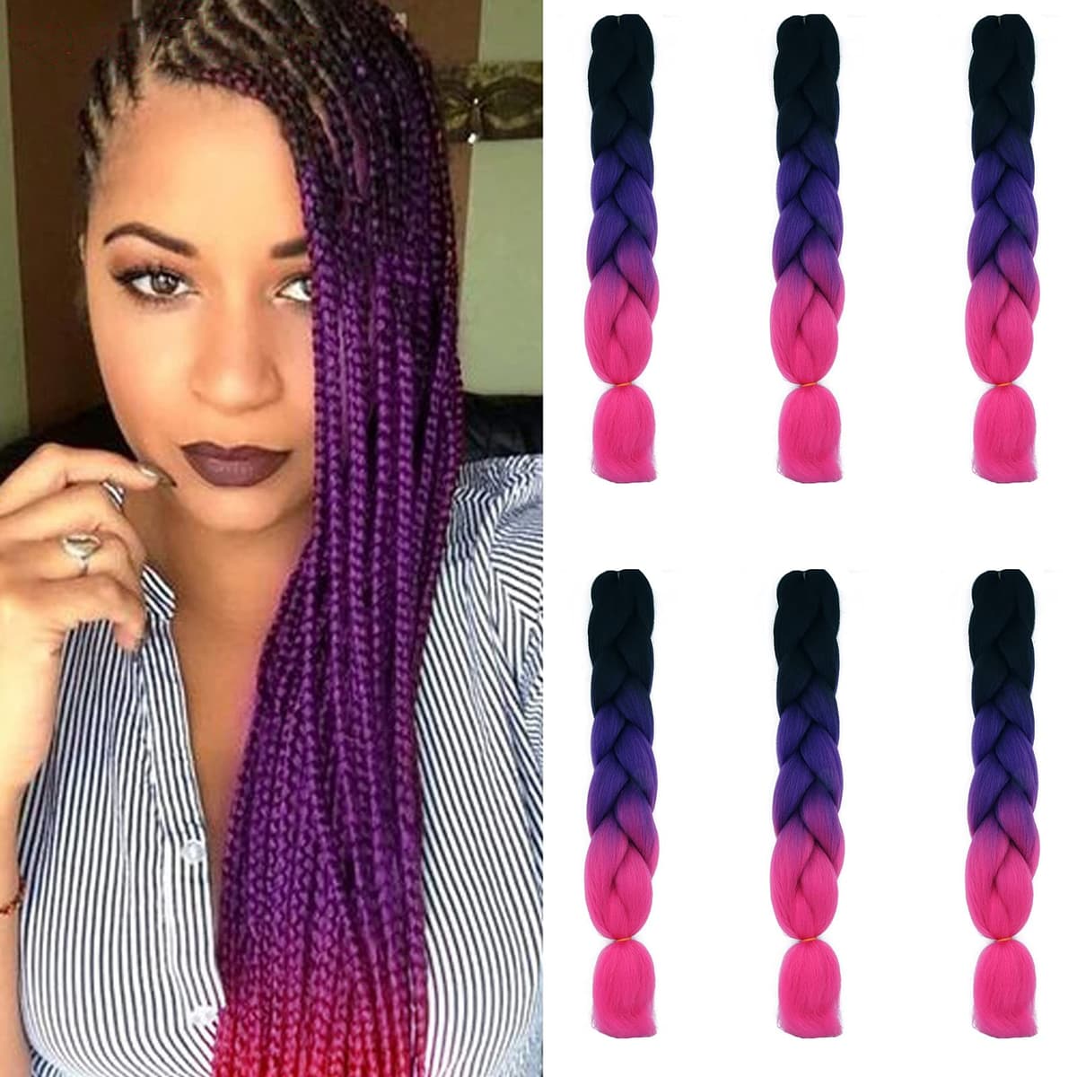 24" Braiding Hair Extension Jumbo Braids Synthetic 3bundles/pack Crochet Hair Afro Box Braid Heat Resistent (Dark Purple) — view 60
