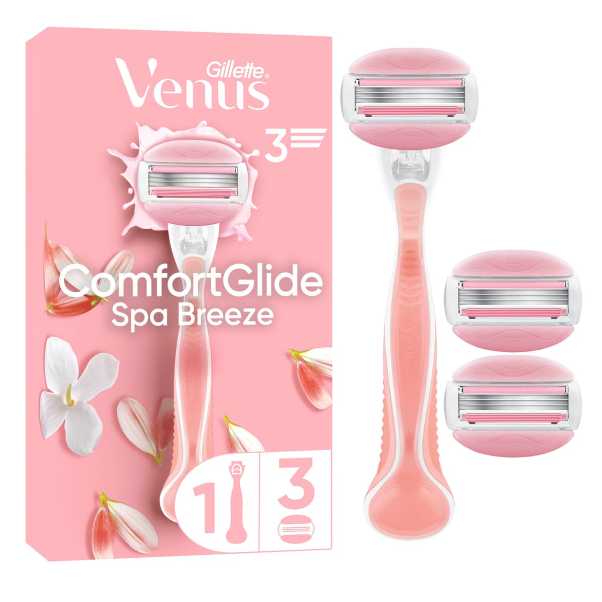 Gillette Venus ComfortGlide Women’s Razor Spa Breeze, 1 Refill Razor Cartridges, Reusable Metal Handle and Shower Holder