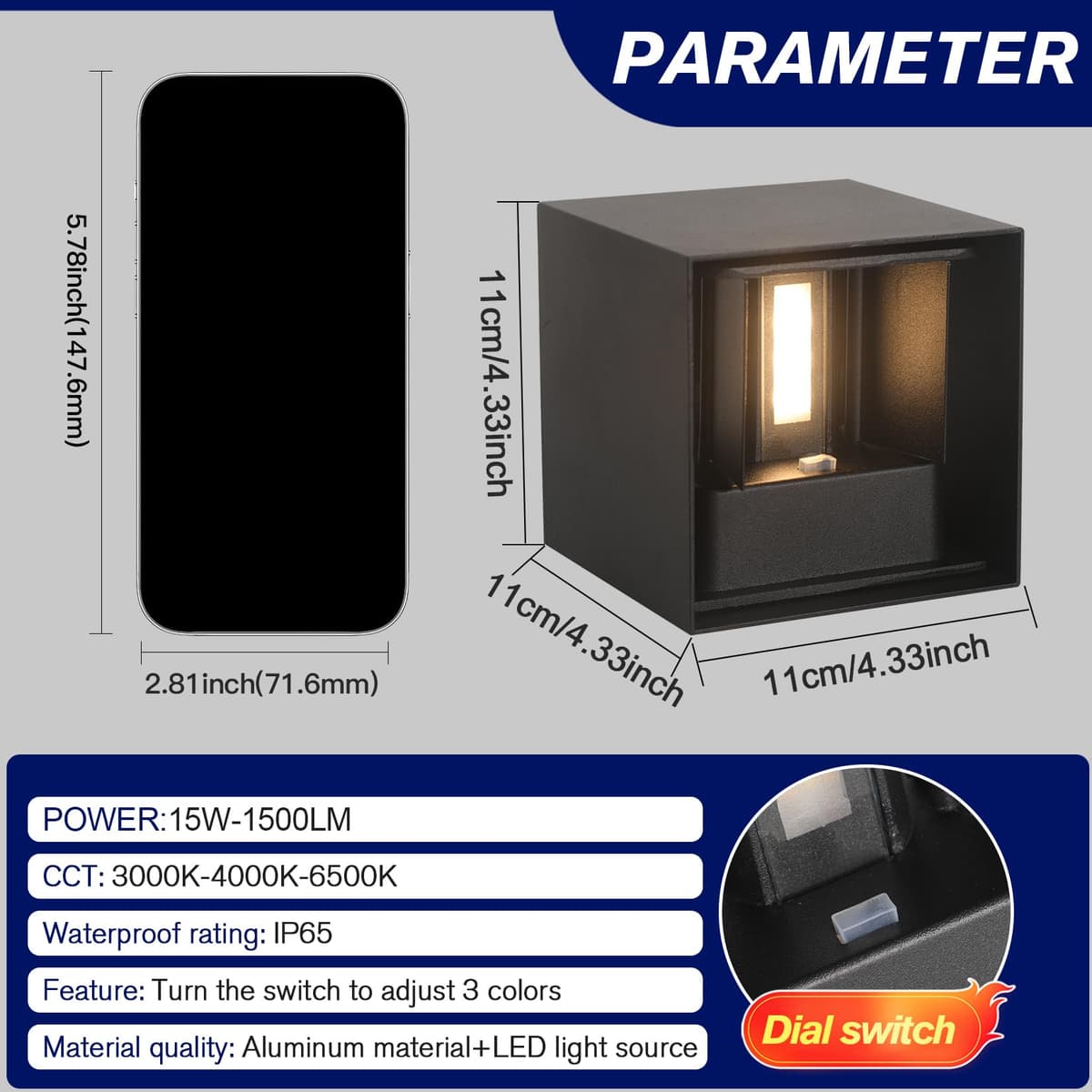 FUPE LED Aplique de Pared Exterior Interior Luz Ajustable de 3 Colores Lámparas de Pared Moderno Negro 15W IP65 Impermeable Apliques de exterior cuadrada de aluminio Ángulo de luz ajustable 11CM — view 5