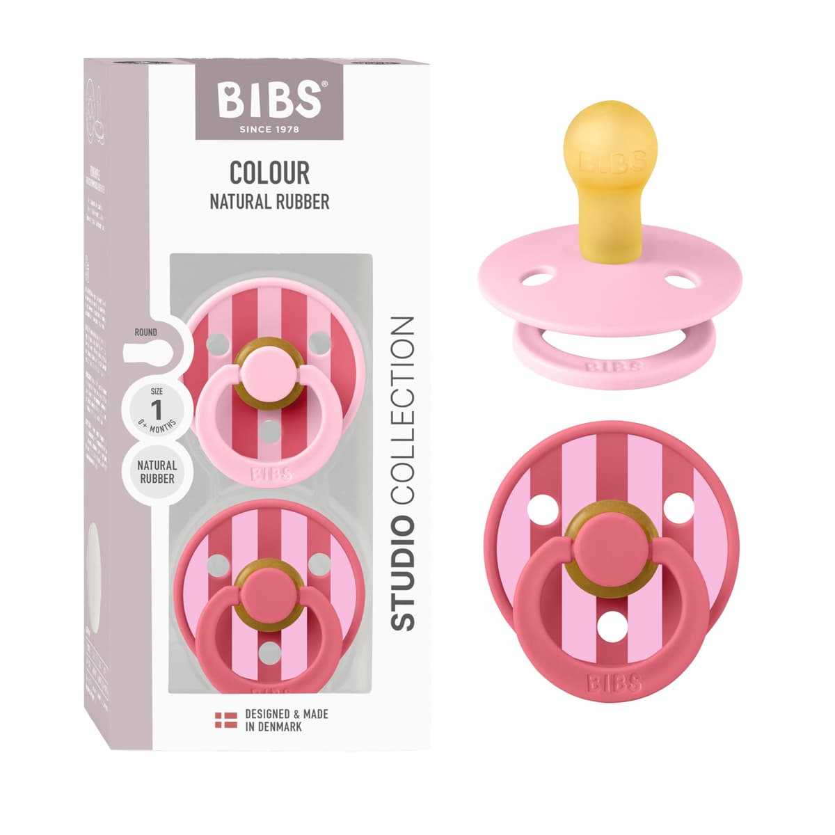 BIBS Pacifiers - Colour Studio 2 Pack | Round Nipple Baby Pacifier | BPA Free Natural Rubber Latex Soother | Made in Denmark | Size 0+ Months | Block Baby Pink Coral