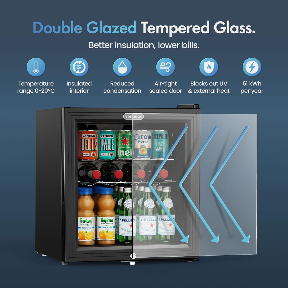 VonHaus Drinks Fridge 50L – Mini Beer & Wine Fridge with Reversible Glass Door & LED Light, Auto Defrost, 0-20°C, Lock & Keys, Table Top Drinks Refrigerator with 43L Net Capacity — view 4