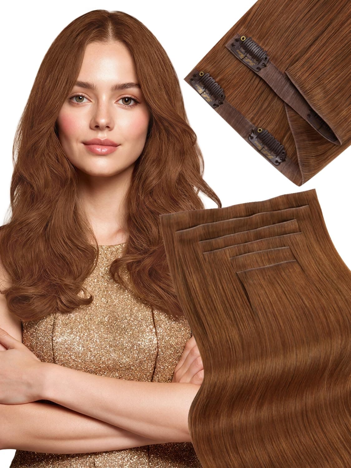 Fshine Clip in Hair Extensions Human Hair Copper Hair Extensions 18 Inch 120 g 7 pcs Color 330 Natural Straight Hair Extensions for Women Real Human Hair — view 13