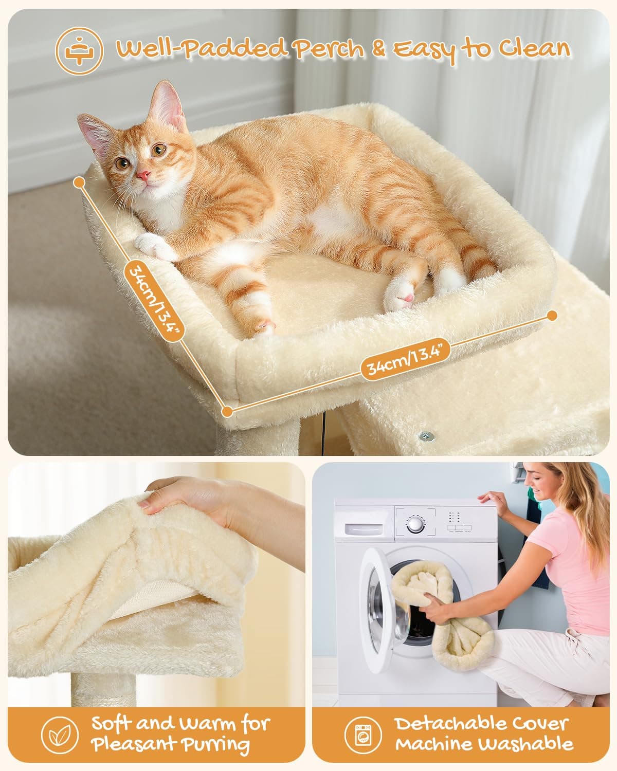 PETEPELA Cat Tree 77cm with Dual Condos for Indoor Cats, Small Cat Tower with Removable Perch and Scratching Posts Pad, Beige — view 2
