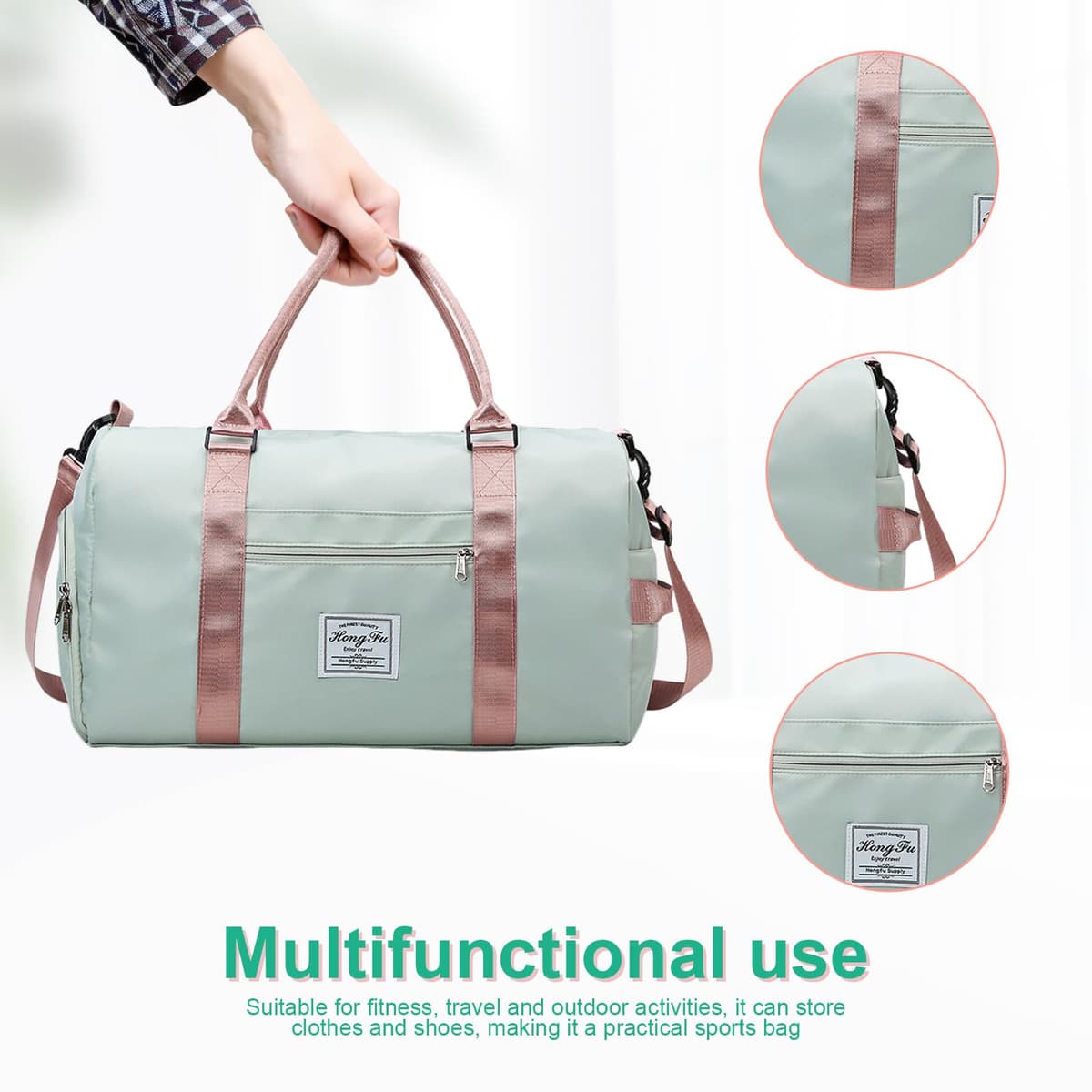 Bolsa Deporte, Verde y Rosa Bolsas Deporte Mujer, Separación para Ropa Seca y Mojada Bolsa Gimnasio Hombre, con Compartimento para Zapatos, para Fitness, Camping — view 4
