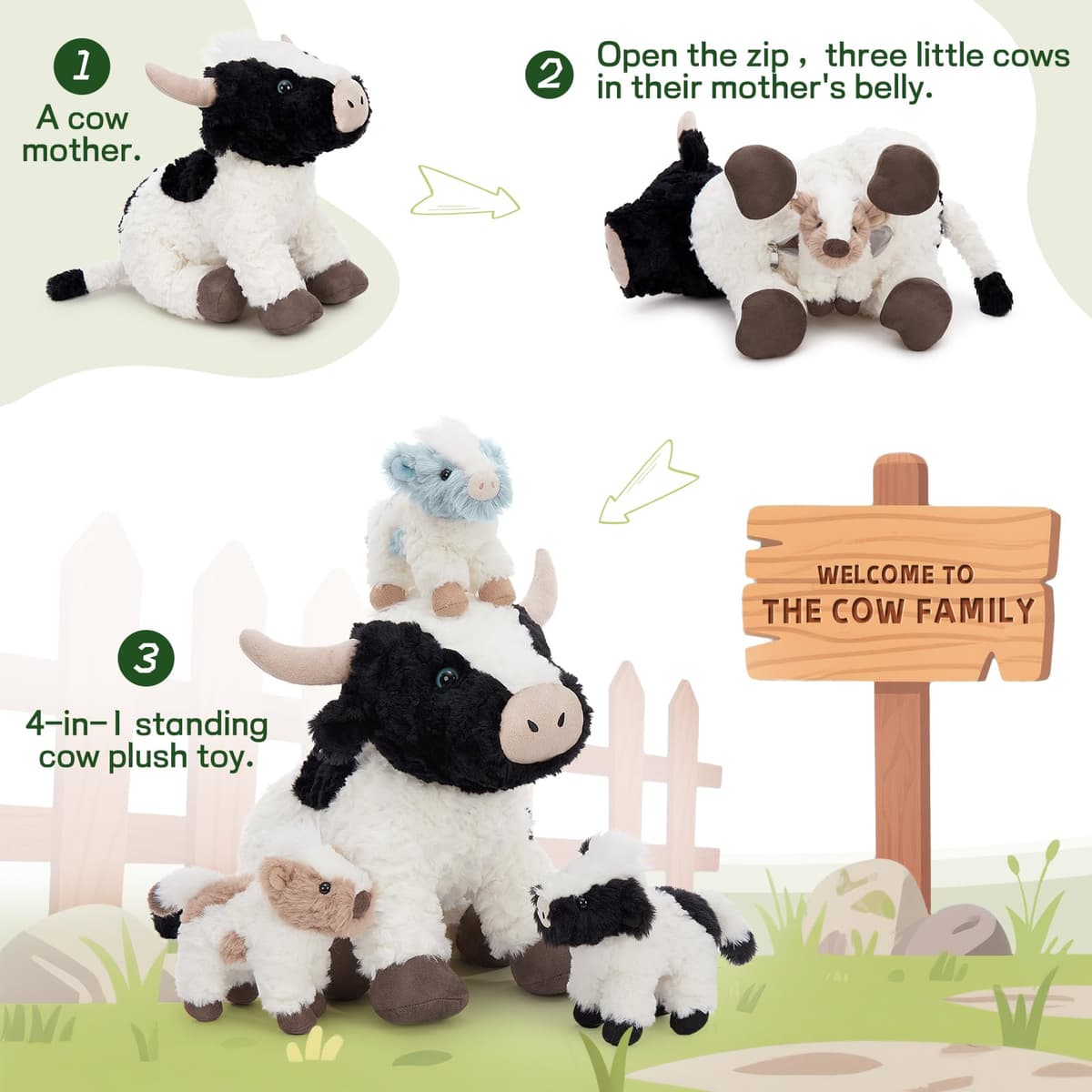 MorisMos Cow Soft Toy with Babies inside, Lifelike Cow Stuffed Animal Plush Cuddly, Kawaii Presents for Kids Girls Boys Birthday Party Decorations (52 cm) — view 5