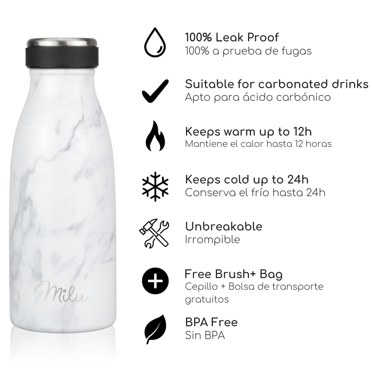 Milu Botella de acero inoxidable de 350ml 500ml 750 ml 1 L 1,5 L botella de agua aislada, termo a prueba de fugas, doble pared, apta para ácido carbónico + cepillo de limpieza (Azul Violeta, 350ml) — view 34