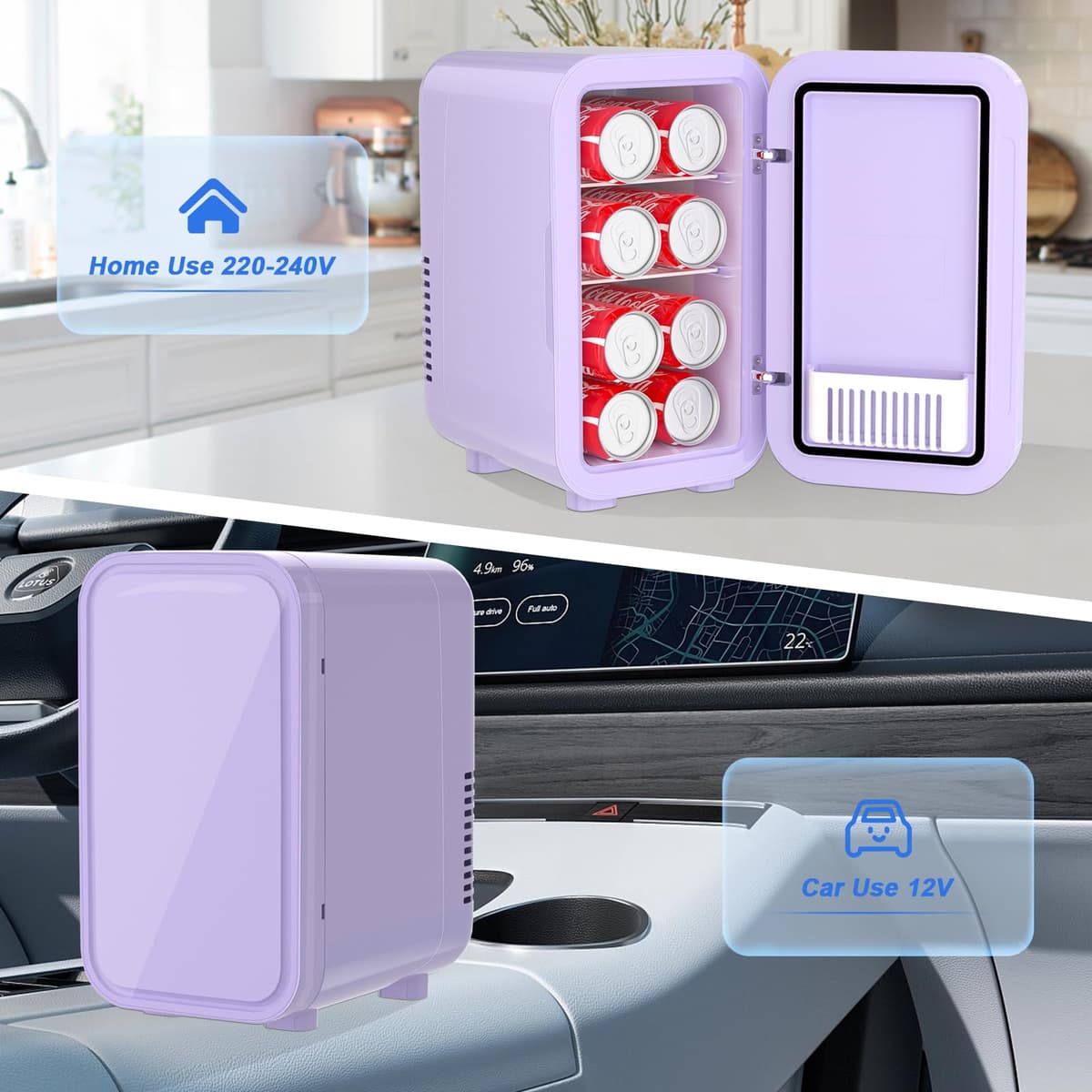 YASHE Mini Fridge, 6 Liter/8 Can 220-240V AC/DC Portable Thermoelectric Cooler Refrigerators for Bedroom, Skincare, Beverage, Office, Dorm Room and Car, Purple — view 5