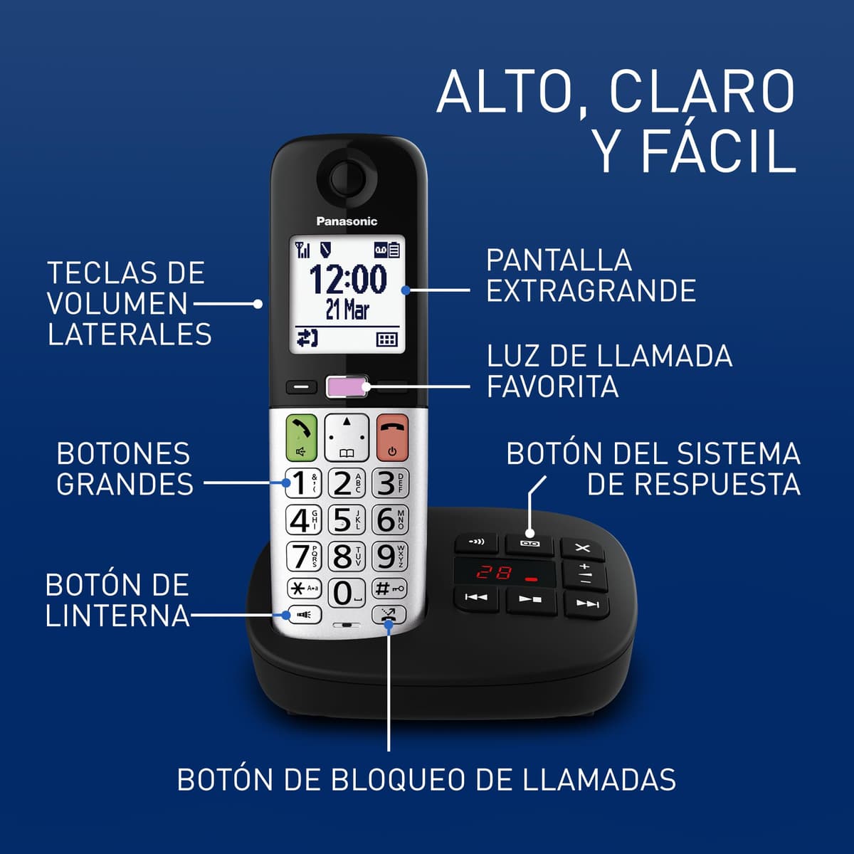 Panasonic KX-TGU430EXB Teléfono Inalámbrico Digital con Contestador Automático, Volumen Amplificado, Unidad Base y 1 Auricular, Pantalla LCD, Linterna, Compatible con Audífonos, Negro y Plateado — view 2