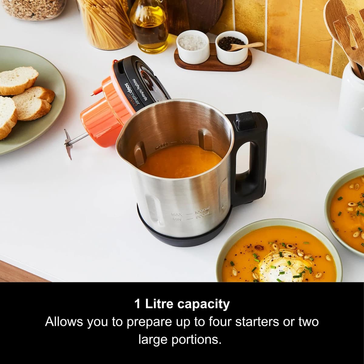 Morphy Richards Compact Soup Maker, 1L, Blend, Smooth and Chunky Soup, Smoothies, Quick and Easy Cooking, 900W, Black & Stainless Steel, 501021 — view 2