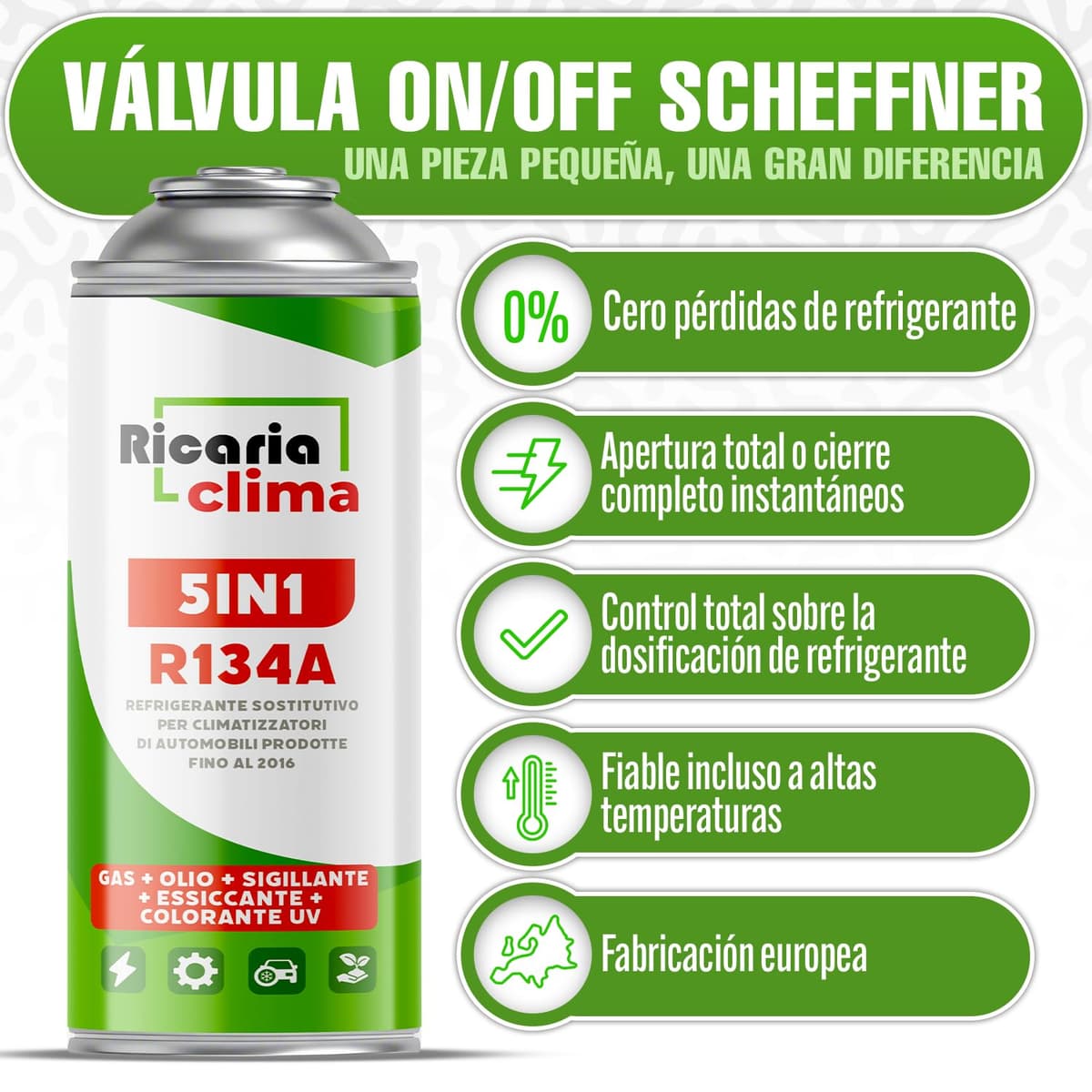 5 en 1 – Refrigerante R134a + Manguera de 235 g para Aire Acondicionado de Coche con Aceite, sellador de Fugas, trazador UV y deshidratante – Protege el compresor — view 2