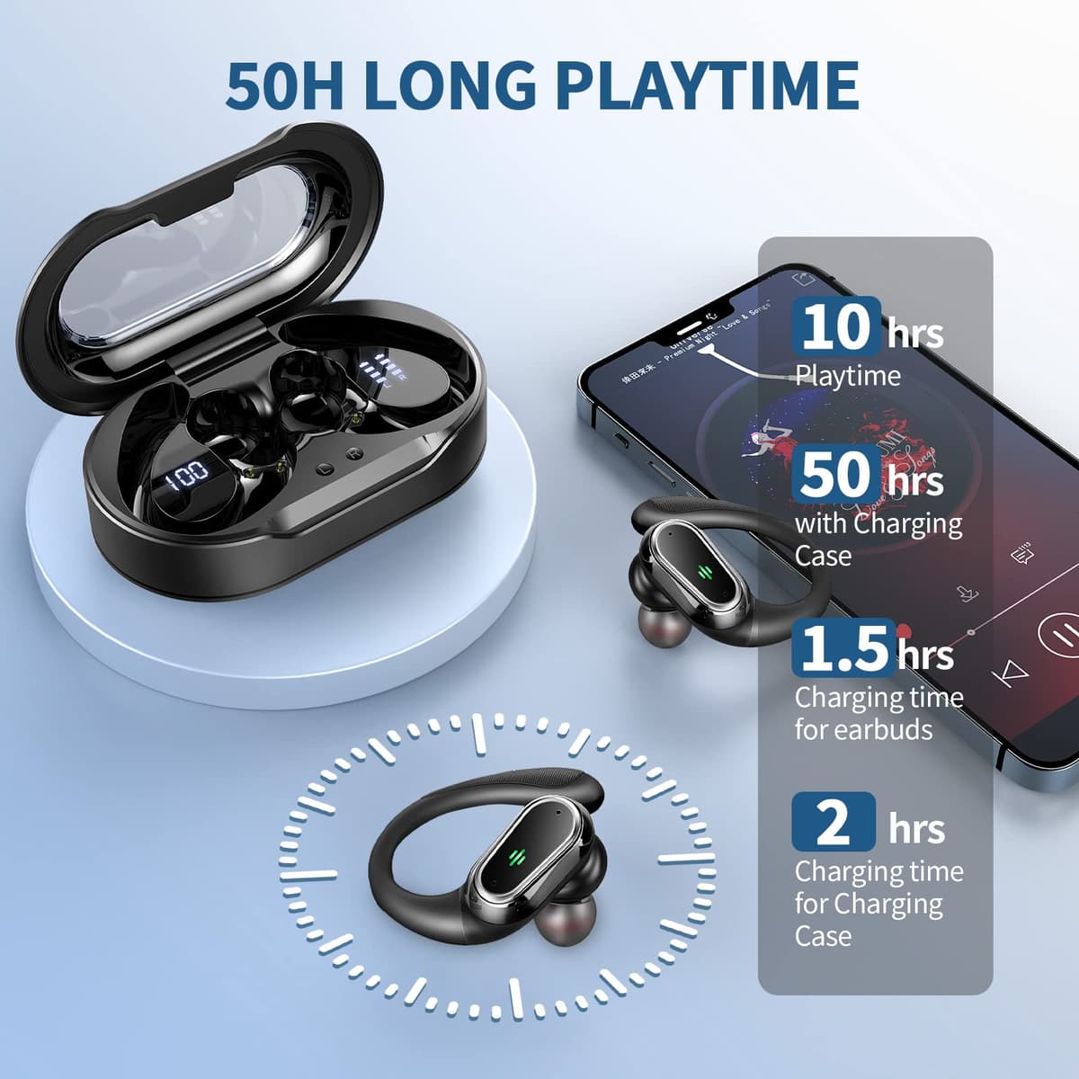Auriculares inalámbricos Bluetooth Deportivos, Auriculares Bluetooth 5.4 HiFi Estéreo con 4 HD Mic, 50H Cascos Inalambricos con Cancelacion Ruido ENC, IP7 Impermeable Cascos para Running/Pantalla LED — view 7