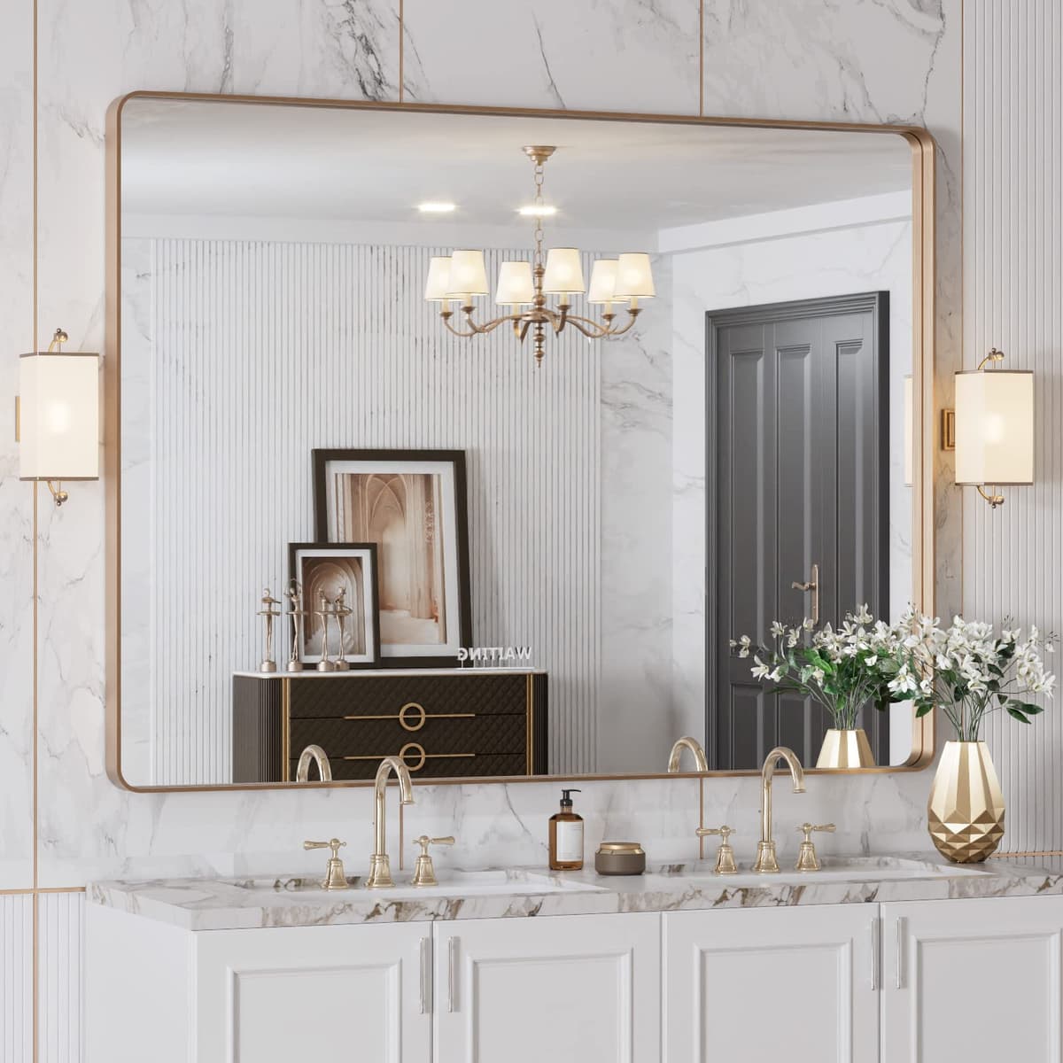 LOAAO 48”X36” Gold Bathroom Mirror, Rounded Rectangle Gold Frame Mirror, Brushed Gold Bathroom Vanity Mirror Wall-Mounted, Anti-Rust, Tempered Glass, Hangs Horizontally or Vertically — view 4