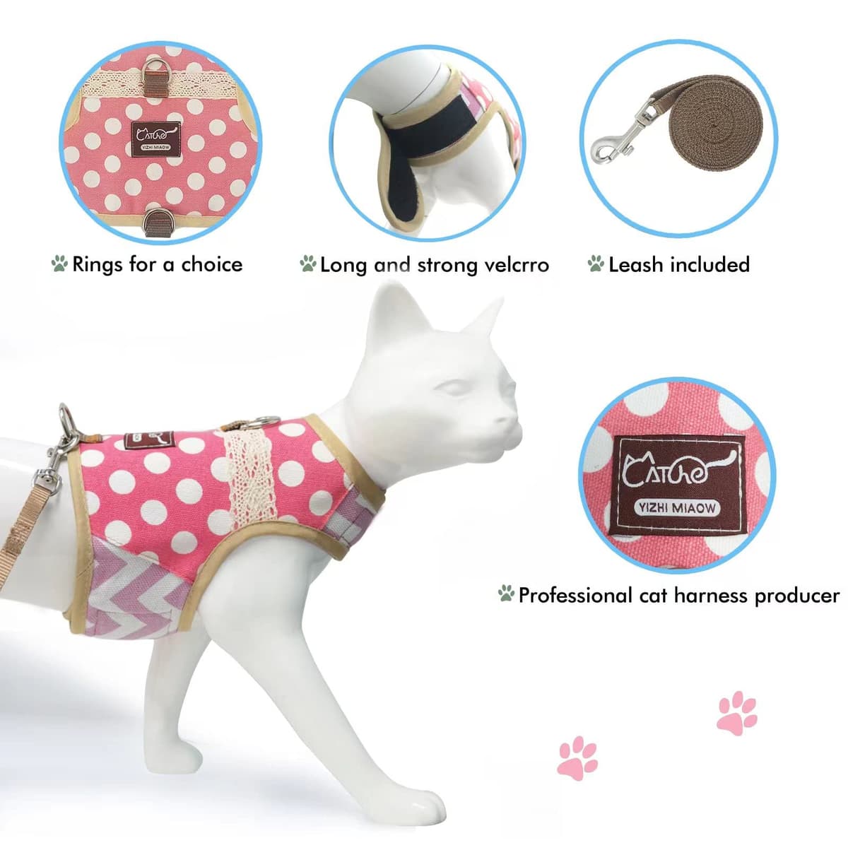 Yizhi Miaow Escape Proof Cat Harness with Leash Large, Adjustable Cat Walking Jackets, Padded Cat Vest Polka Dot Pink — view 5