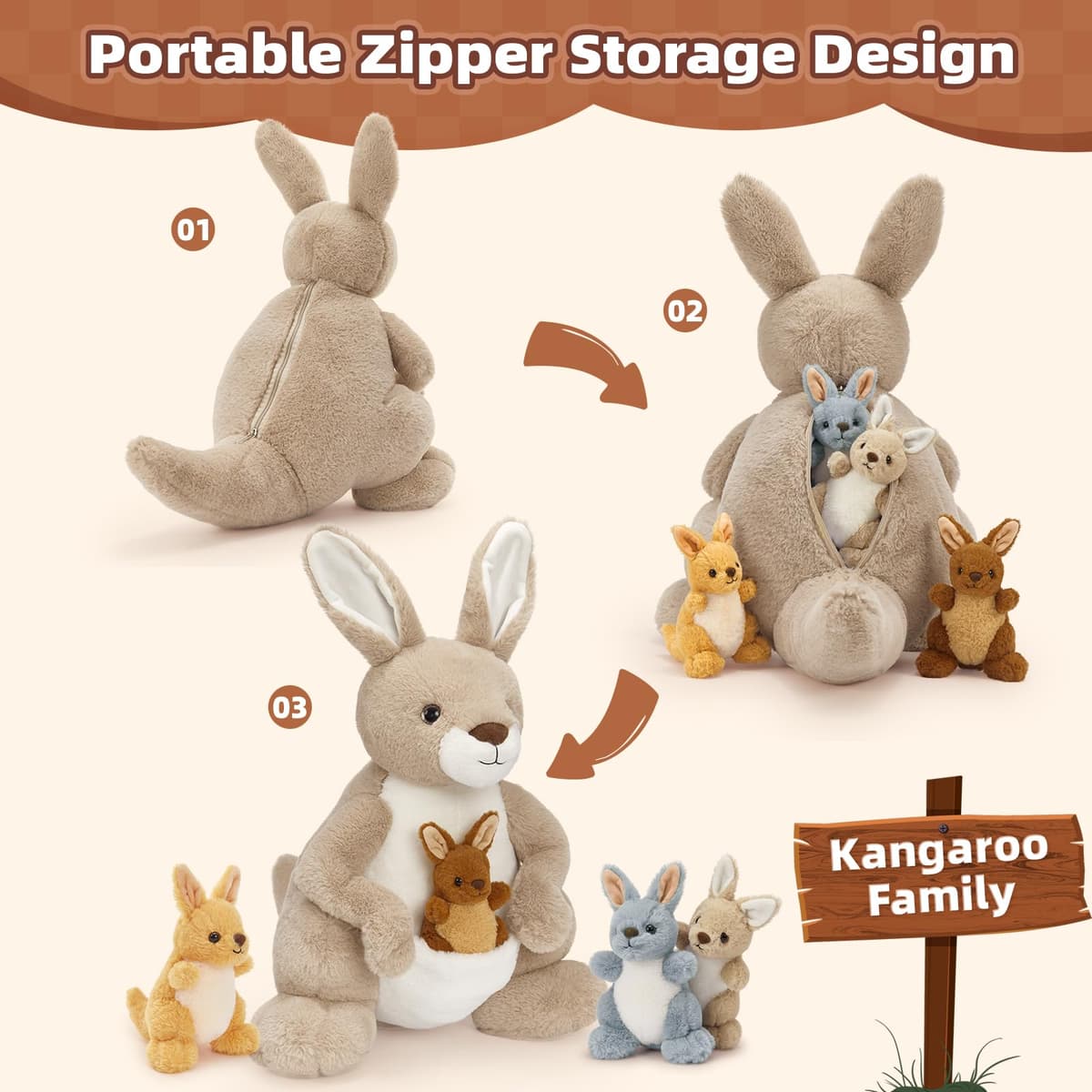 MorisMos Kangaroo Teddy with Babies inside, Lifelike Cuddly Kangaroos Stuffed Animal Plush Soft Toys, Kawaii Presents for Kids Girls Boys Birthday Party Decoration (52 cm) — view 2