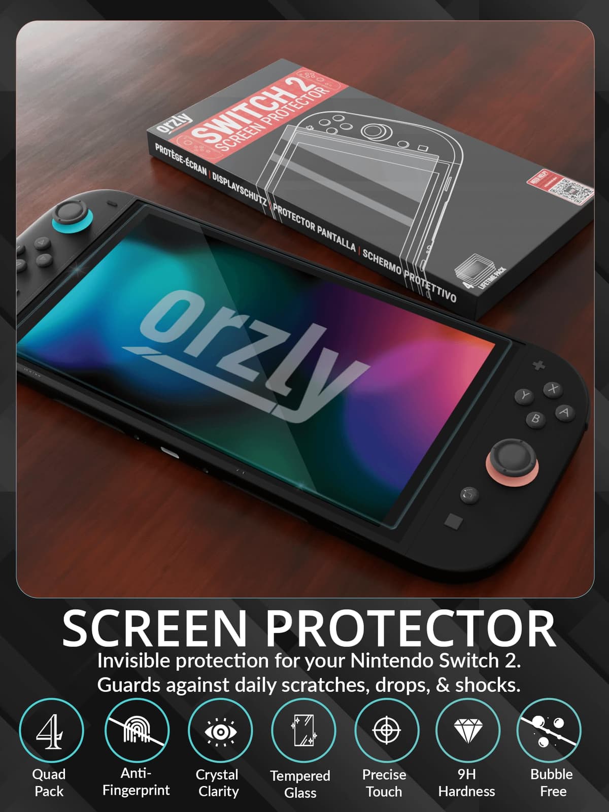 Orzly Glass Screen Protector for Nintendo Switch 2 Console 2025 Screen Size 7.9 inch 4 Pack. No Bubbles Easy Installation Anti Scratch Edition — view 4