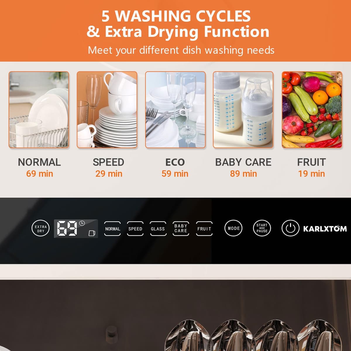 Karlxtom Table Top Dishwasher 6 Programs Mini Dishwasher with Touch Control, Auto-drying, Baby Care & Fruit Wash, Perfect for Small Families, Couples — view 5