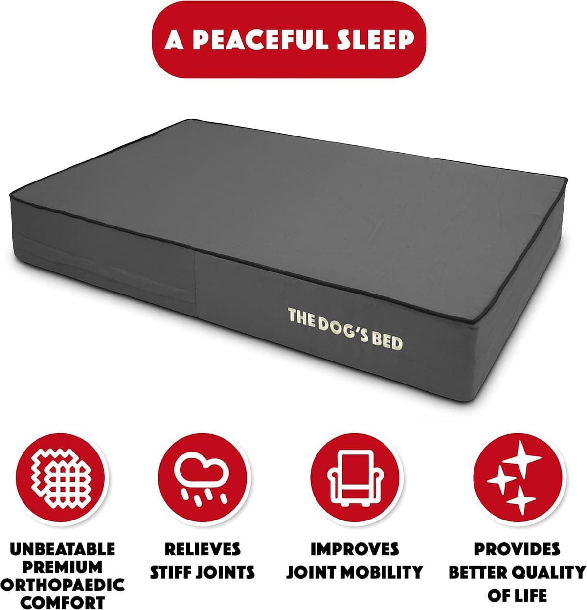 The Dog’s Bed Orthopaedic Memory Foam Dog Bed for Large Dogs, Waterproof Washable Cover, Anti-Slip Base, Calming Surface – CertiPUR-Certified Foam, Grey Oxford with Black Trim, 15cm Thick