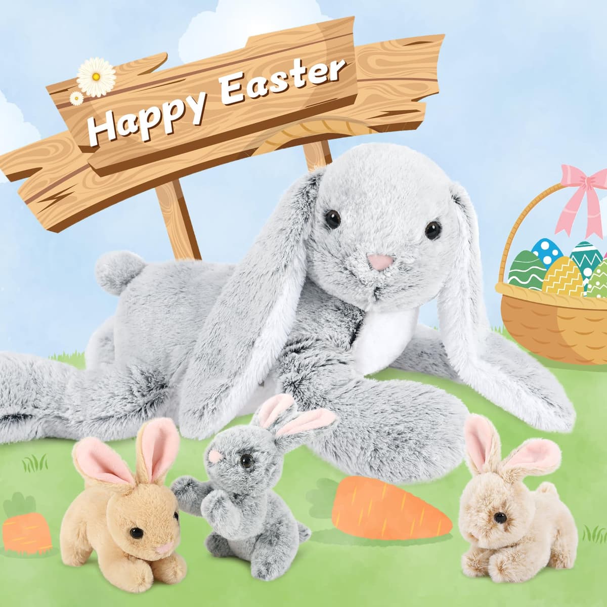 MorisMos Giant Easter Bunny Teddy Soft Toy, 60cm Cuddly Rabbit Teddy with 3 Baby Inside, Big Fluffy Bunny Stuffed Animals Gift for Kids Girlfriend Birthday Easter Decorations — view 7