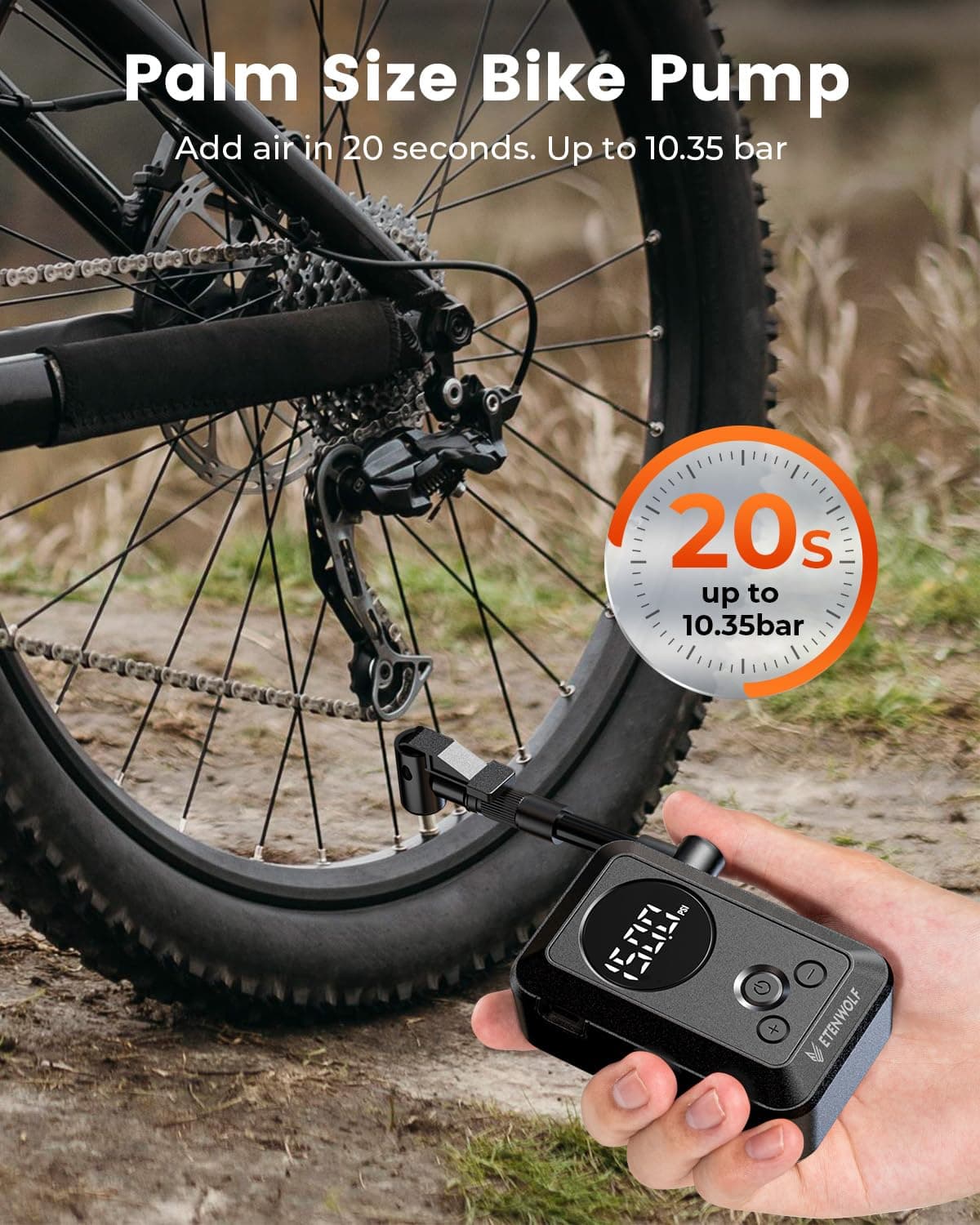 ETENWOLF Mini Electric Bike Pump, 10.34 BAR Portable Bicycle Air Pump with Presta and Schrader Valve for Mountain Bike,Road Bike,Motorcycle,Sport Ball, Fast Inflate & Auto Stop Bicycle Pump with Gauge — view 2