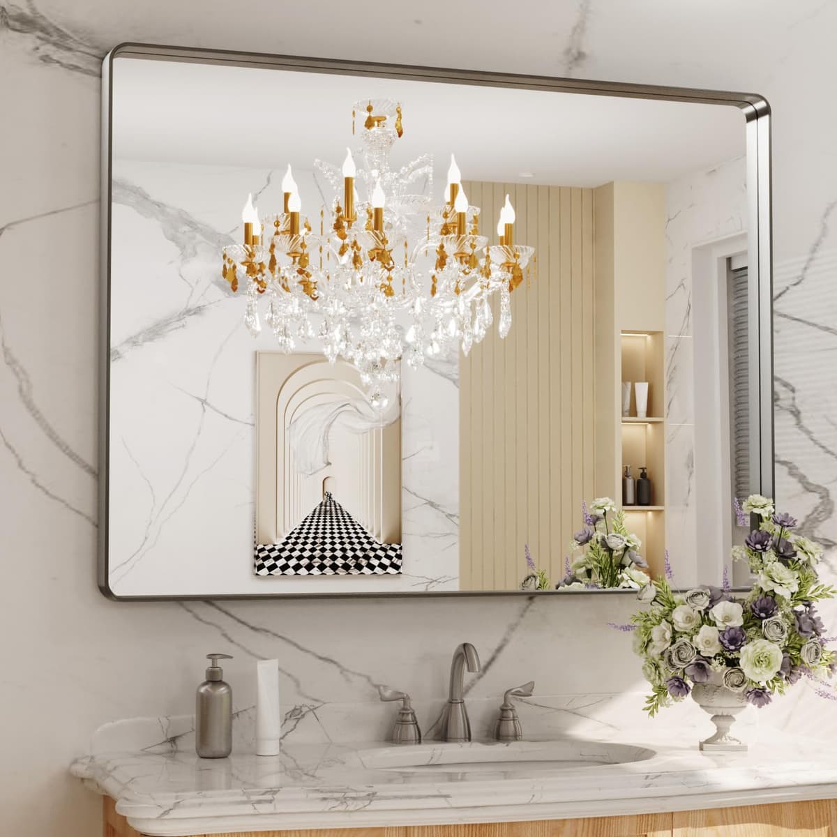 LOAAO 48”X36” Gold Bathroom Mirror, Rounded Rectangle Gold Frame Mirror, Brushed Gold Bathroom Vanity Mirror Wall-Mounted, Anti-Rust, Tempered Glass, Hangs Horizontally or Vertically — view 75