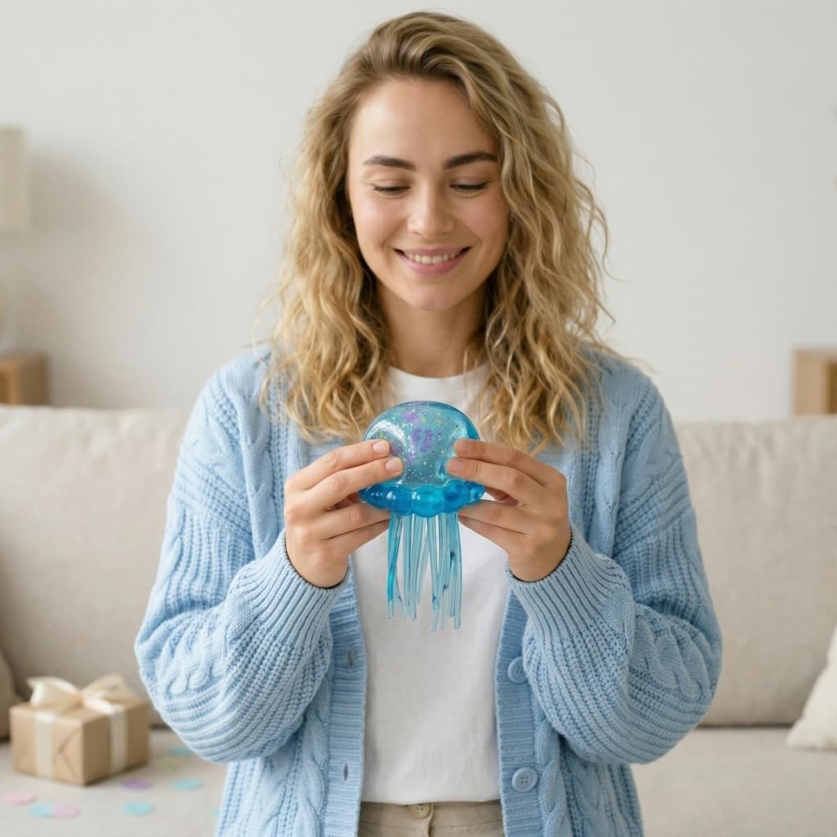 Nee doh Glitter Jellyfish Squishy Toy, Stress Relief Fidget Toy for Adults, Soft TPR Sensory Toy with Wiggly Tentacles, Portable Anxiety Relief Squeeze Ball for Office, School & Travel (Blue) — view 4