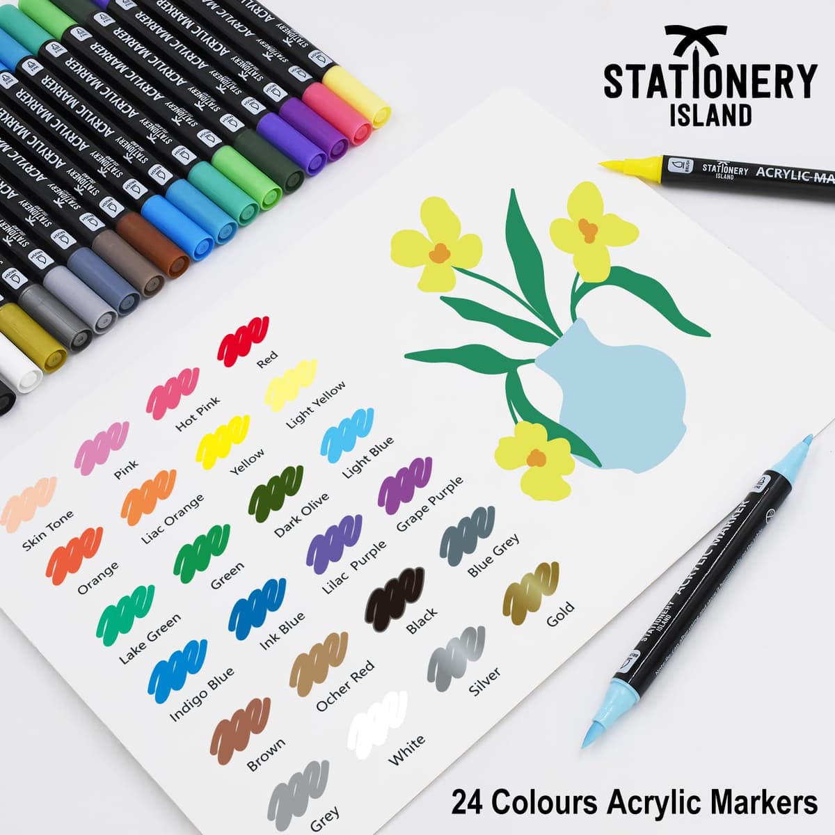 STATIONERY ISLAND Permanent Acrylic Paint Pens 24 Colours – Dual Tip Markers for Rock, Pumpkin, Stone, Glass, Ceramic, Wood & Fabric – Fine & Brush Tip Water Based Paint Pens for Halloween Crafts — view 2