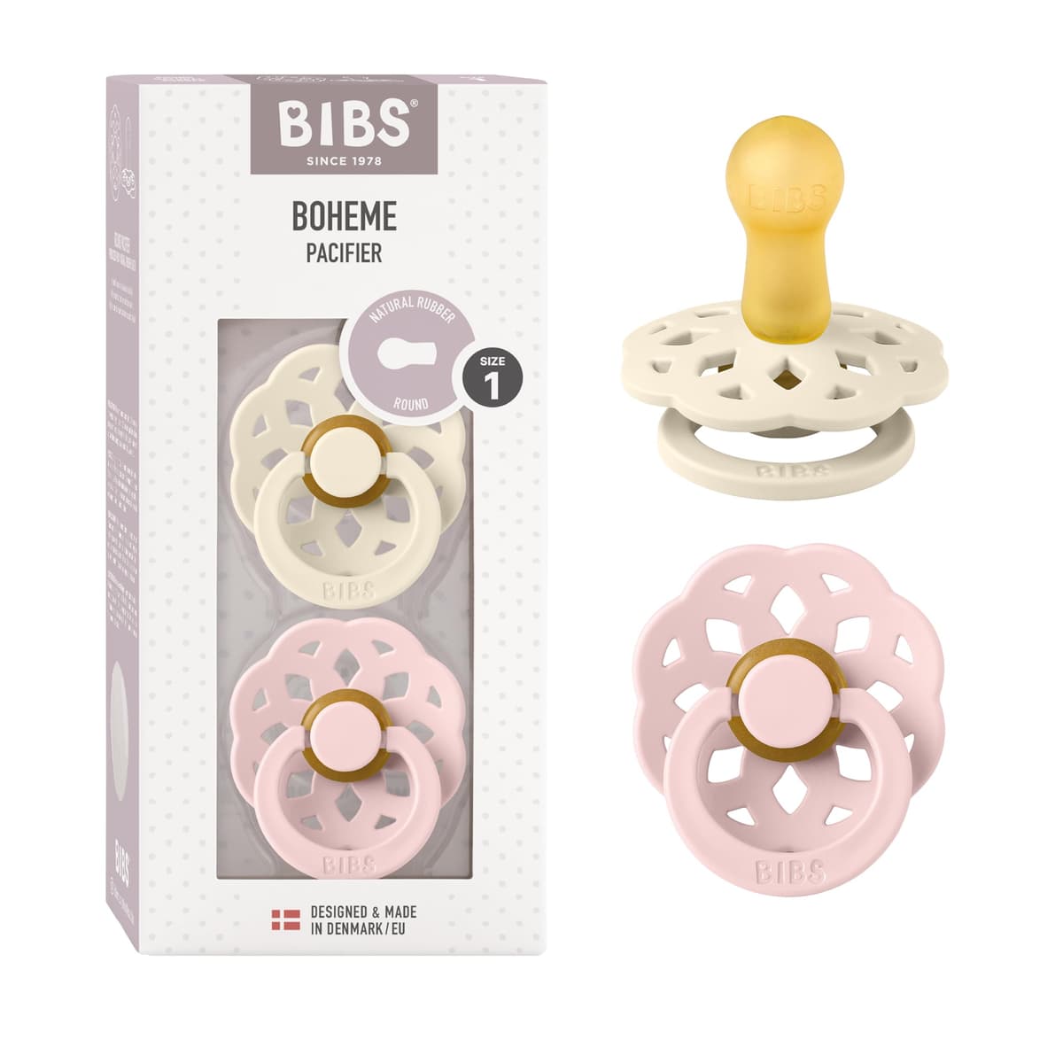 BIBS Boheme Soother 2-Pack. BPA Free. Round Nipple. Natural Rubber Latex, Made in Denmark. Size 2 (6-18 Months), Blossom/Dusky Lilac — view 12