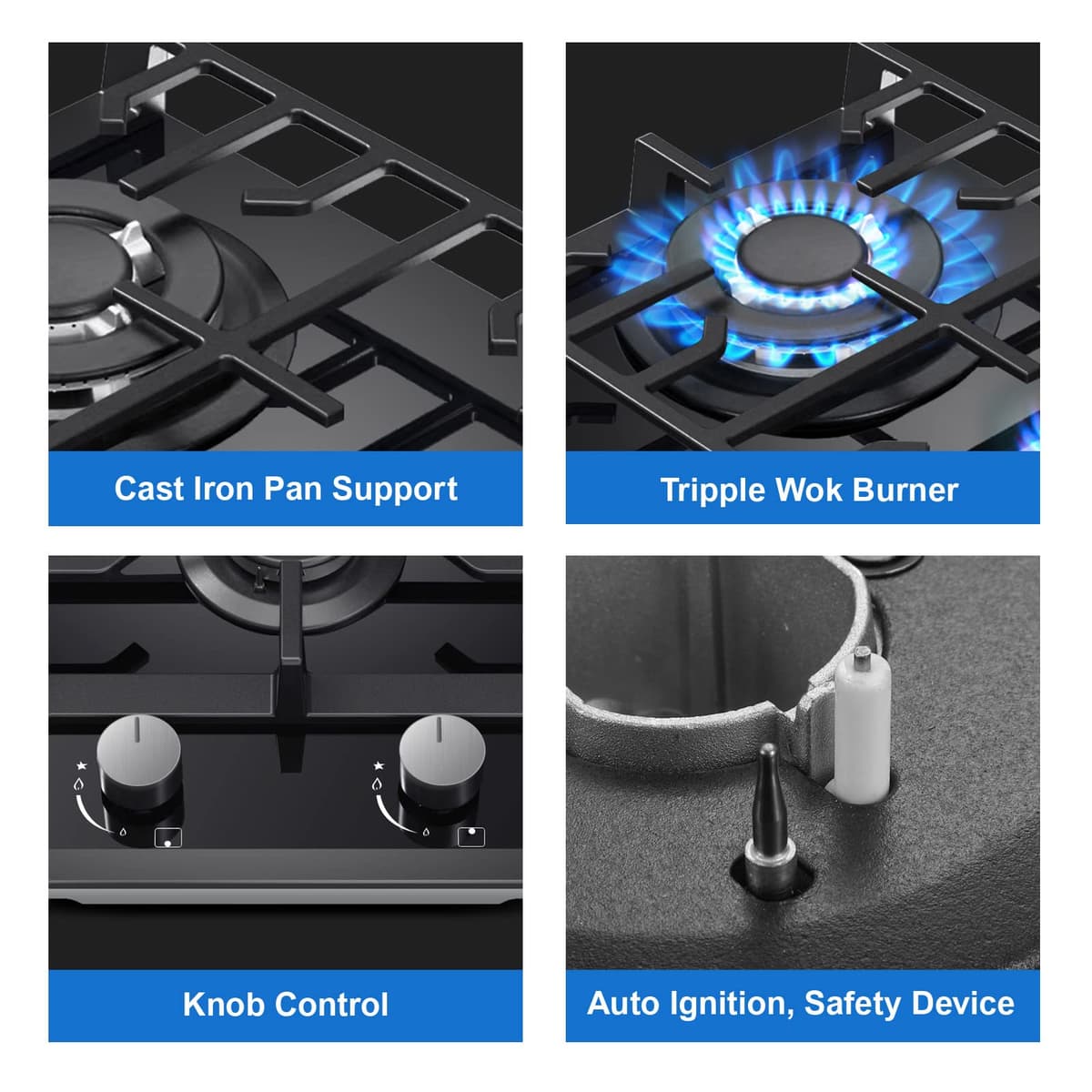 TopStrong Gas Hob 2 burners, 30cm Built in 2 Burners Gas on Glass Hob, NG/LPG Convertible, Flame Out Protection, Cast Iron Supports, 5200W — view 3