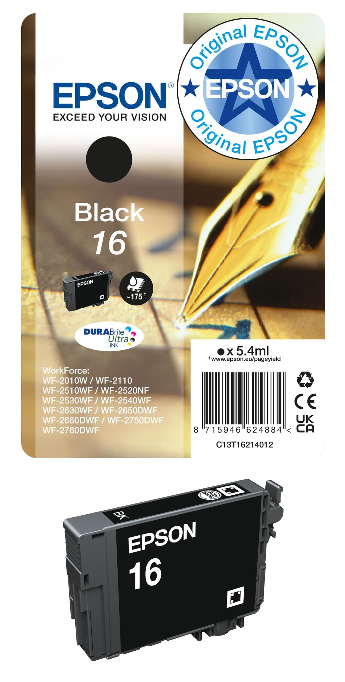 Epson C13T16314012 - Cartucho de tóner adecuado para WF2010, color negro, paquete estándar, XL válido para los modelos WF-2010W, WF-2510WF y otros, XL — view 2