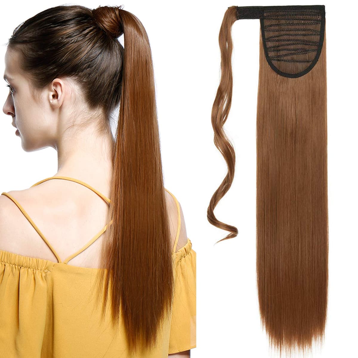 17"(43cm) SEGO Ponytail Long Synthetic Hair Looks Natural [Red Brown/Orange] Clip in Hair Extensions Curly Tail Ponytail Extension (90g) — view 43
