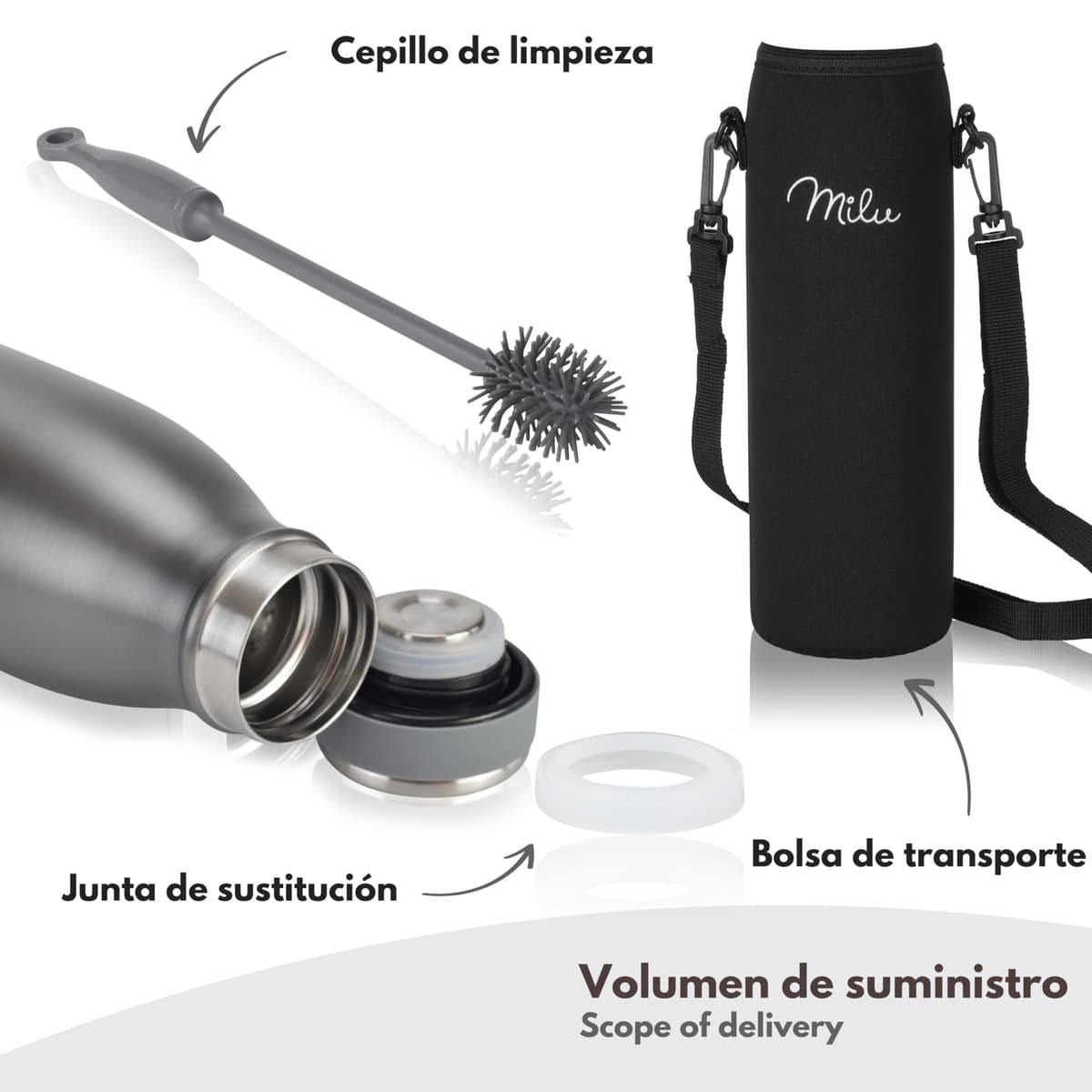 Milu Botella de acero inoxidable de 350ml 500ml 750 ml 1 L 1,5 L botella de agua aislada, termo a prueba de fugas, doble pared, apta para ácido carbónico + cepillo de limpieza (Azul Violeta, 350ml) — view 155