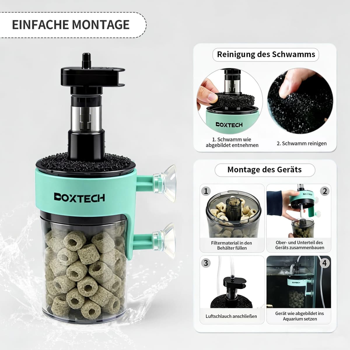 boxtech Filtro nano interior para acuario, filtro silencioso para acuario con medios de filtro, filtro compacto para gambas, betta y piscinas de cría (S) — view 3