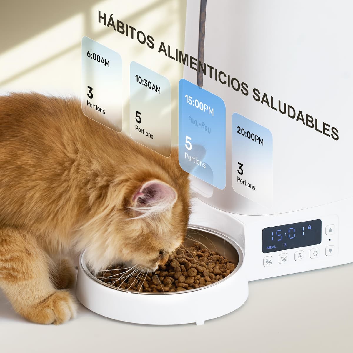 FUKUMARU WiFi Automatic Cat Feeder, 4L Food Dispenser for Dog/Cat with Two Bowls, Customized Program of Automatic Feeding, Battery Operated and Electrical Wiring, White — view 11