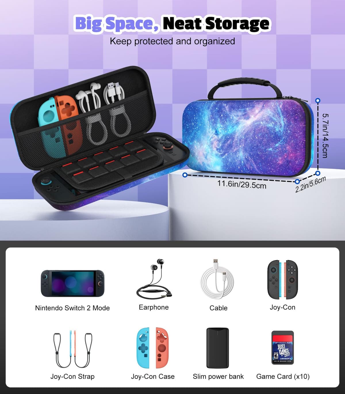 MoKo Carrying Case for Nintendo Switch 2(2025), Protective Hard Shell Portable Travel Carry Case Pouch Holds 10 Cartridges with Pockets for Switch 2 Accessories and Games, Starry Sky — view 4