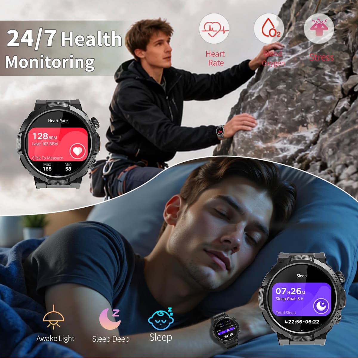 Smart Watches for Men (Answer/Make Call), 1.53" HD Military Smartwatch, 50+ Days Extra-Long Battery Life Fitness Watch , Flashlight/110+Sports/Heart Rate/Sleep Monitor/IP68 Waterproof Android iOS — view 5