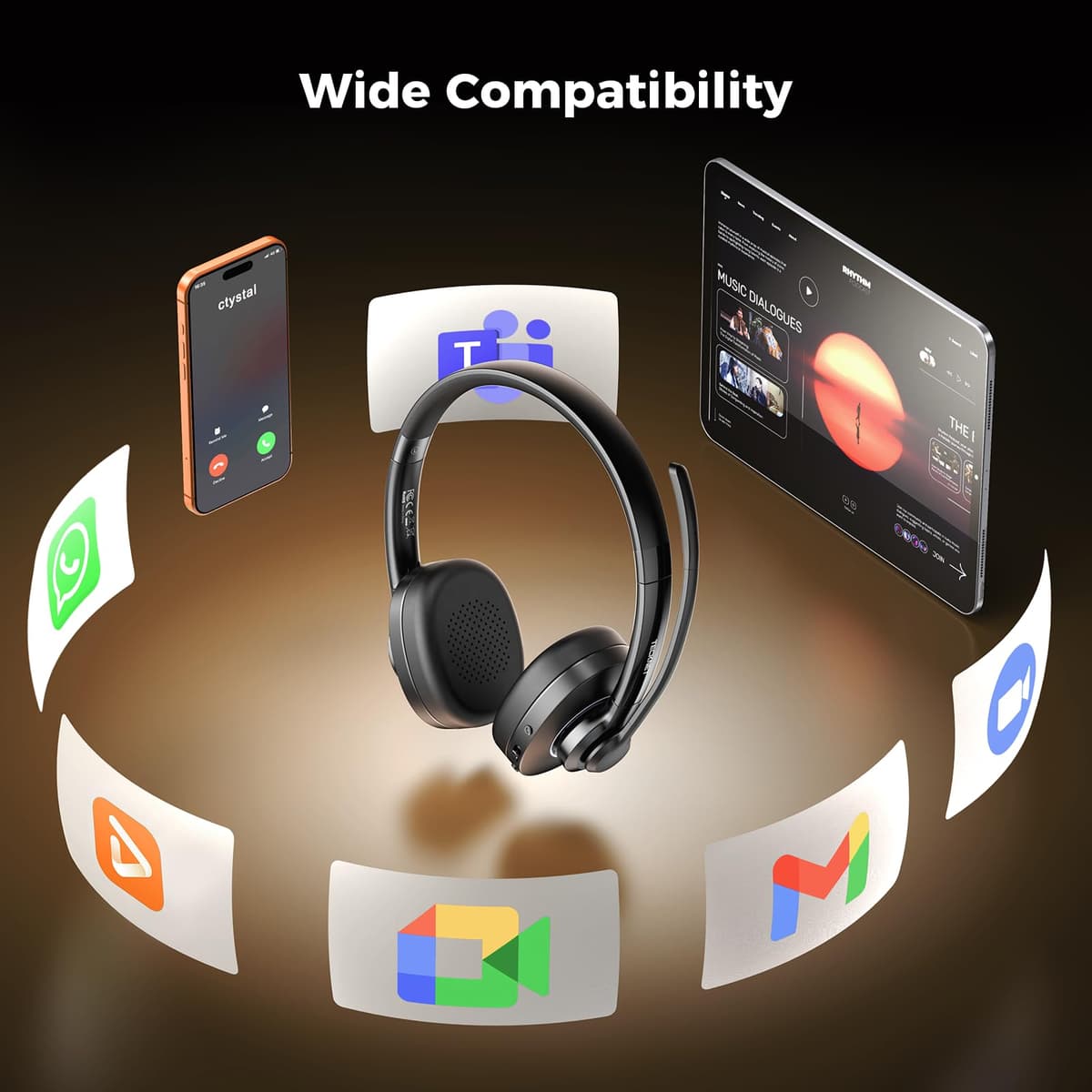 TECKNET Bluetooth Headset Wireless Headset with Microphone Active Noise Canceling,Bluetooth 6.0/USB-A On-Ear Headphones,50H Playtime & Mute,Wireless Headphones with Mic for Trucker Cellphone Office — view 6